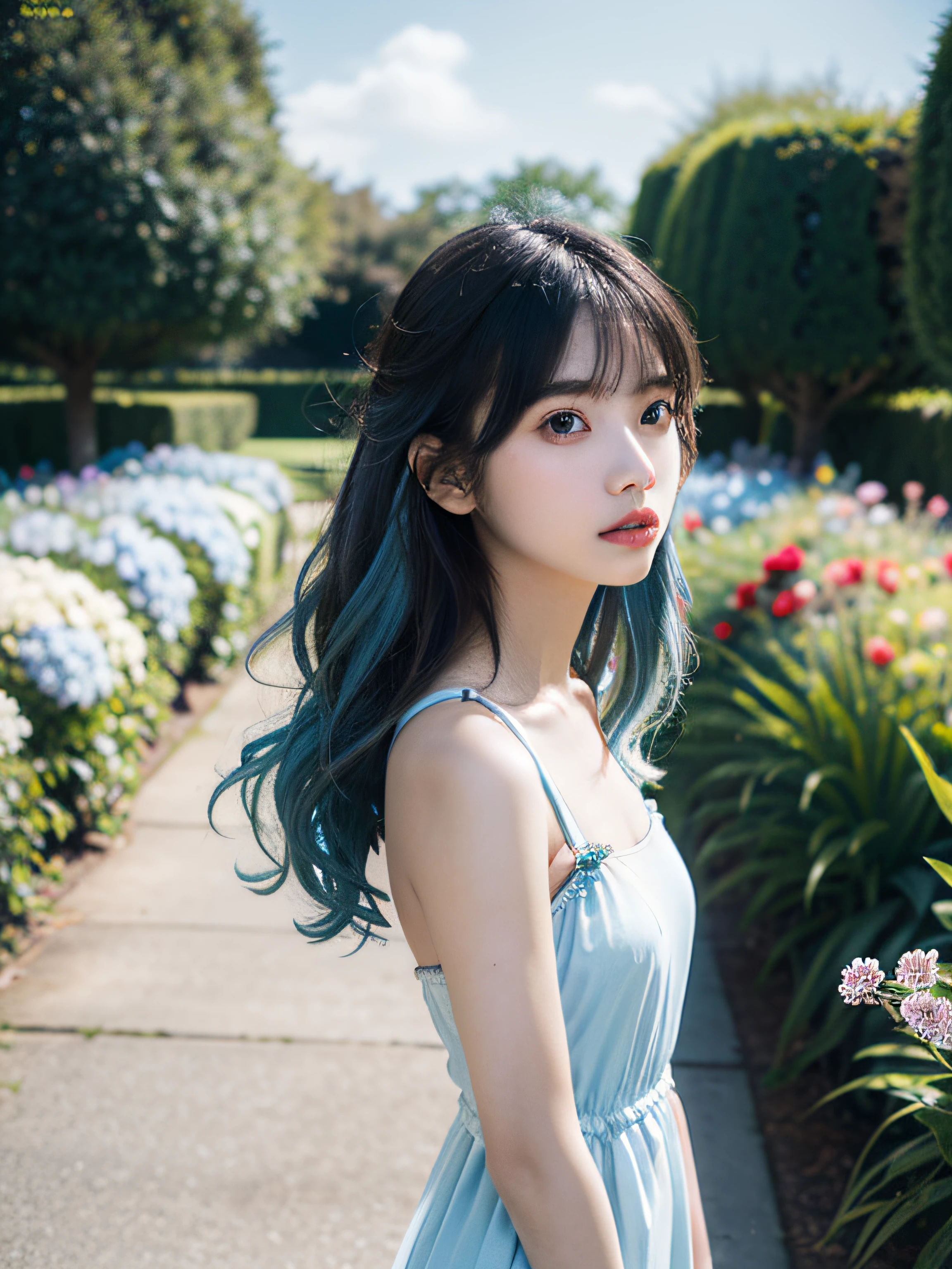 (absurderes, hight resolution, ultra-detailliert, nffsw, Cinematic), Solo, 1girl in, 18year old, White flare chiffon Short dress flutters, Girl Standing In A Light Blue Flower Garden, Light blue petals surrounding a girl, slenderbody、tiny chest、Full body, Girl with long blue hair, Light blue hair, Fantasy, Dreamy, Yuki, Official art, pop-art, profile, hyperdetailed face, Ultra detailed eyes, Light blue flower garden, Ultra Detailed Fields, White blue sky, Cold, Light blue, white, Nebulae in the sky, Blue tree, watercolor paiting, pastel color