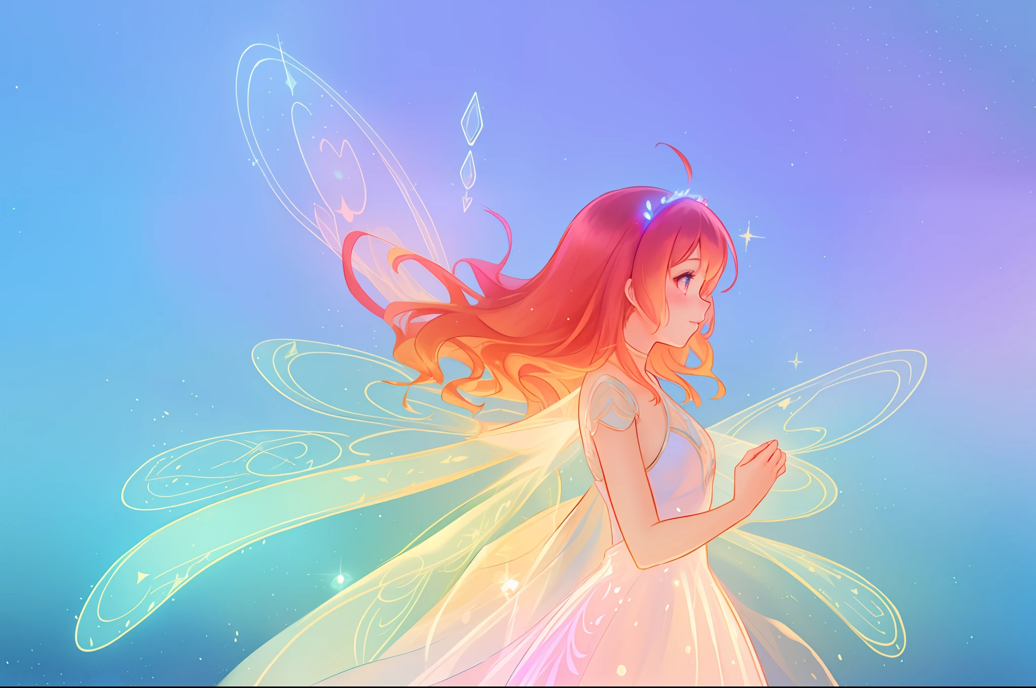 beautiful girl in sparkling glowing dress, glowing fairy wings, inspired by Glen Keane, inspired by Lois van Baarle, disney art style, by Lois van Baarle, glowing aura around her, by Glen Keane, jen bartel, glowing lights! digital painting, flowing glowing hair, glowing flowing hair, beautiful digital illustration, fantasia background, whimsical, magical, fantasy, beautiful face, masterpiece, best quality