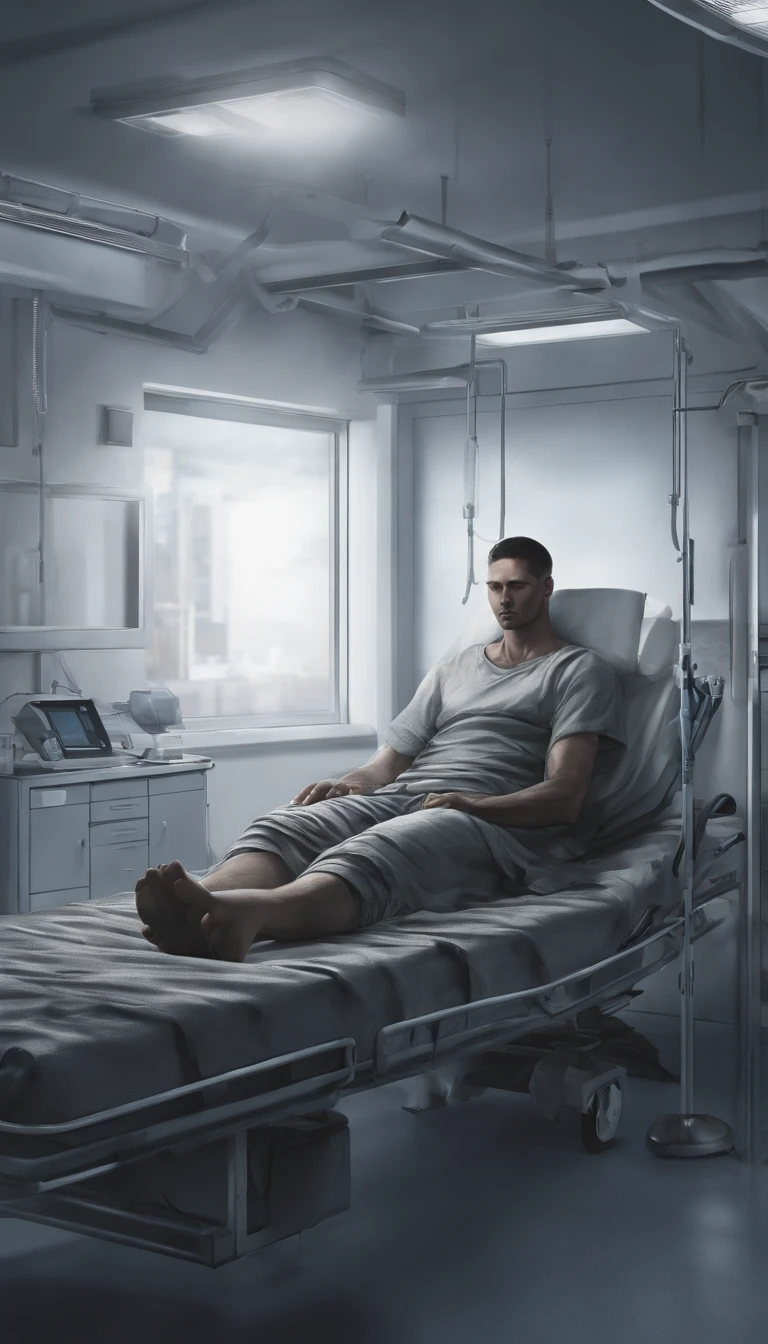 A scene of a man lying on a hospital bed。Completely realistic, , Full high resolution, Well made，detail-rich.