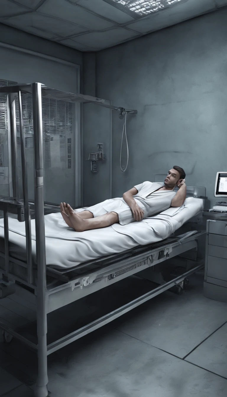 A scene of a man lying on a hospital bed。Completely realistic, , Full high resolution, Well made,detail-rich.