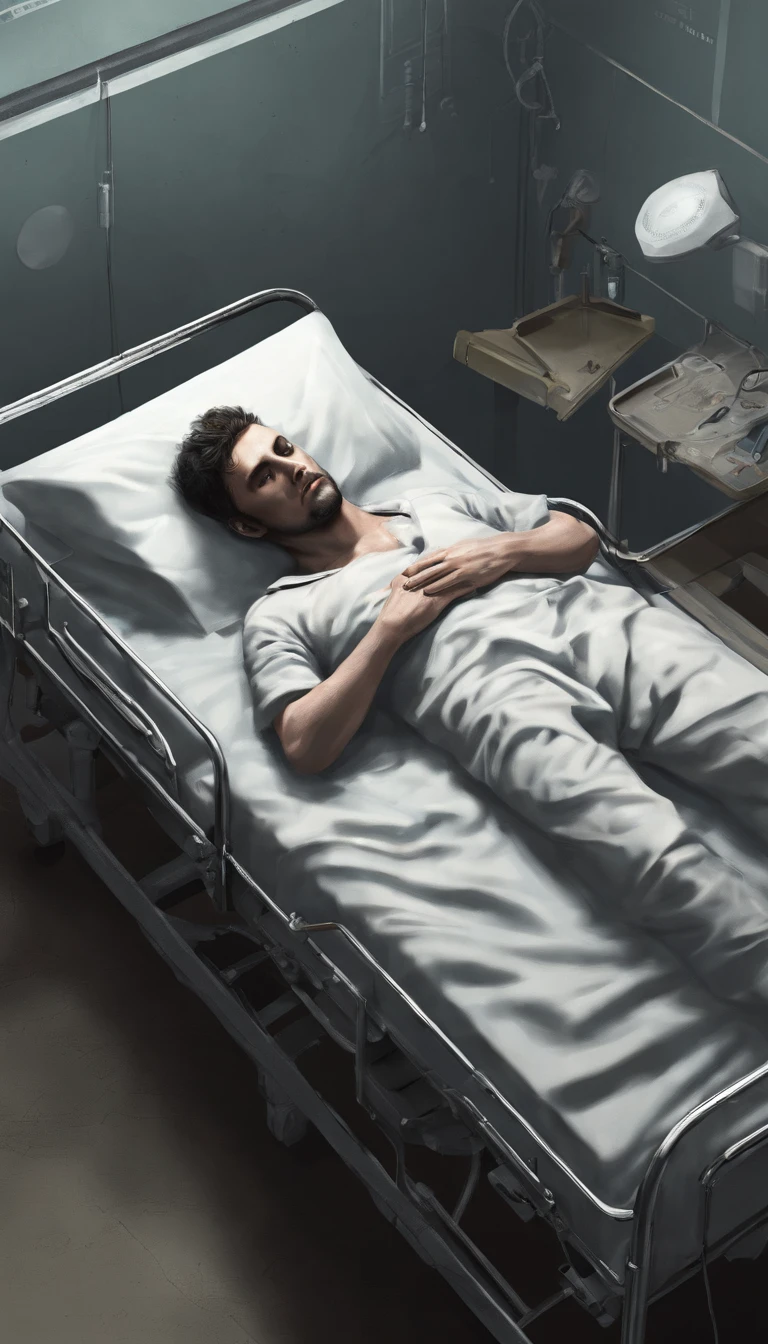 A scene of a man lying on a hospital bed。Completely realistic, , Full high resolution, Well made,detail-rich.