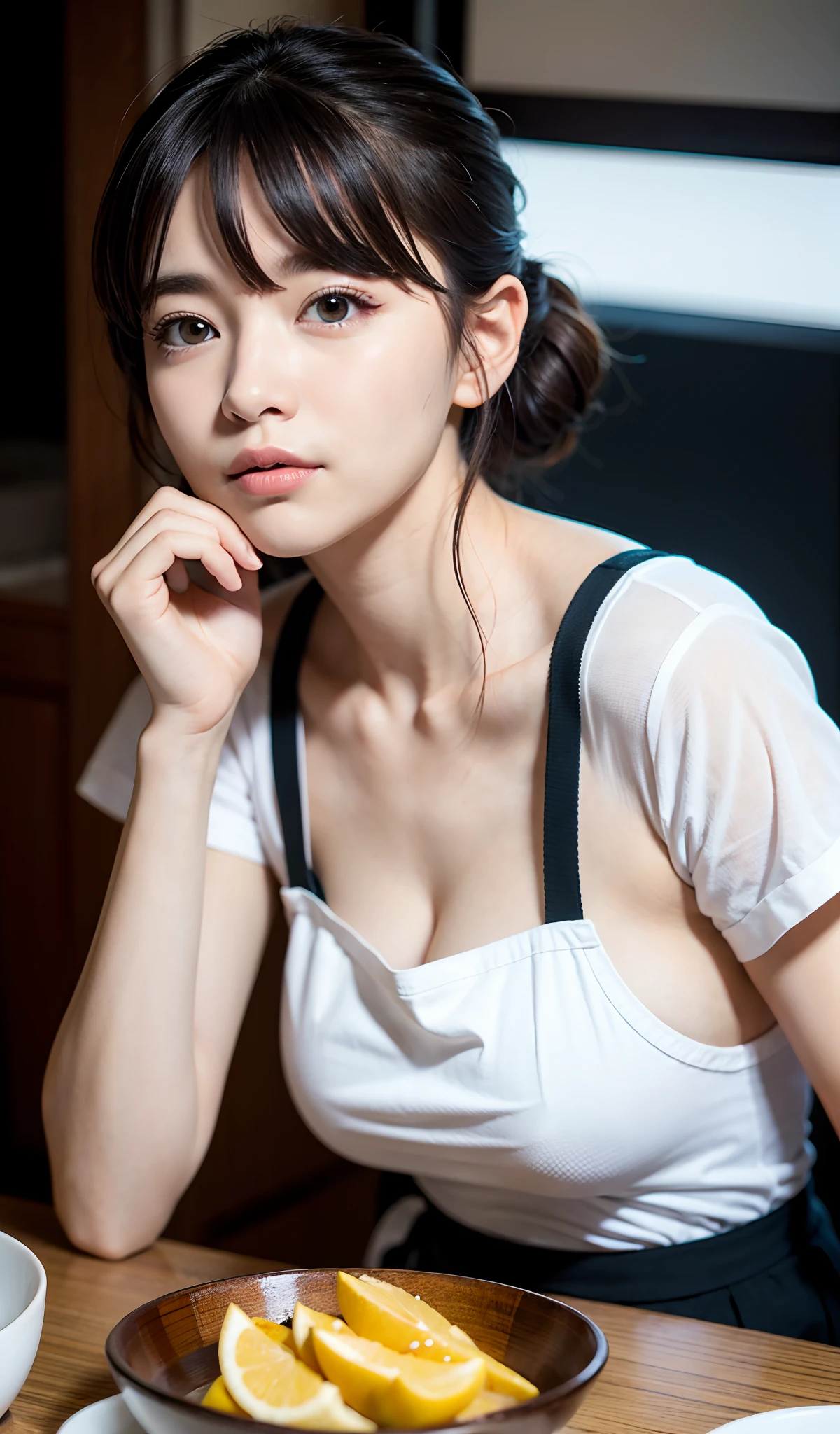 a closeup, masterpiece, top-quality, Raw foto, Photorealsitic、Take photos from a slightly higher angle、unbelievable Ridiculous,A faint smile、 beautiful a girl, White T-shirt、pink apron、In the middle of the meal、tasting、Half-up hairstyle、Medium size breasts、Hair fluttering in the wind、Open kitchen、depth of fields, hight resolution, ultra-detailliert, finely detail, ighly detailed, extremely detailed eye and face, Sharp pupils, foco nítido, Cinematic lighting