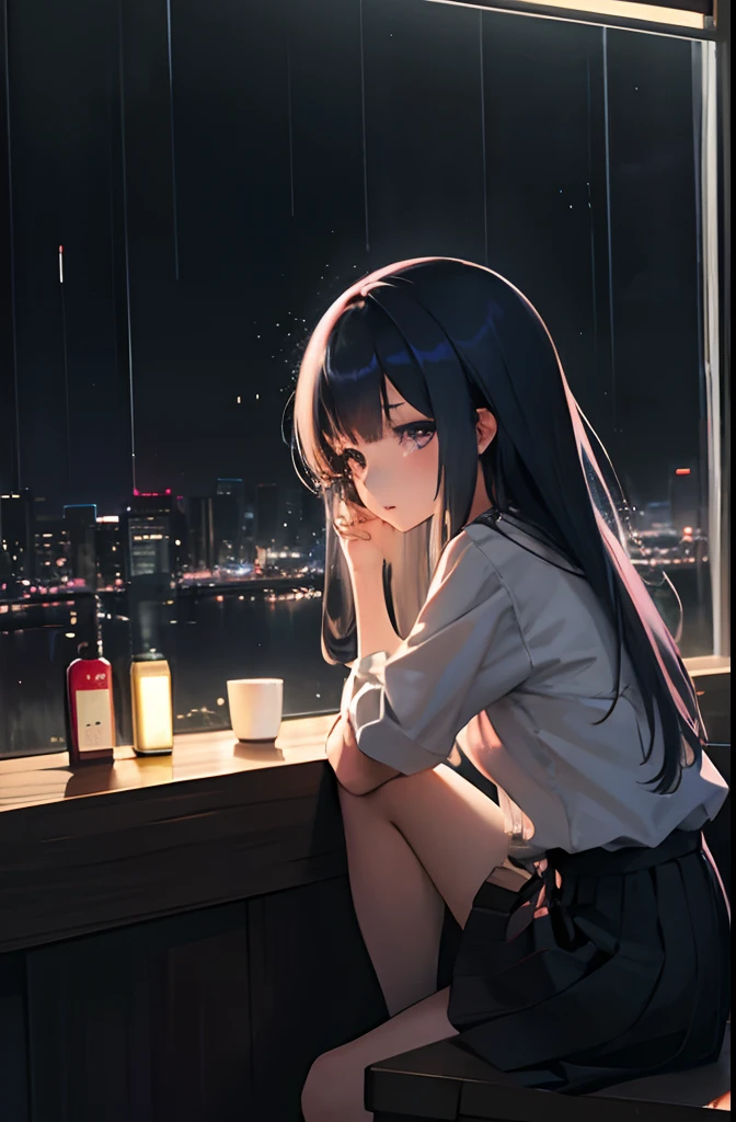 Anime girl sitting on windowsill with cat and rain city, late night raining, rainy evening, rainy evening, anime girls drink Energy drink, 4K anime wallpaper, A beautiful artwork illustration