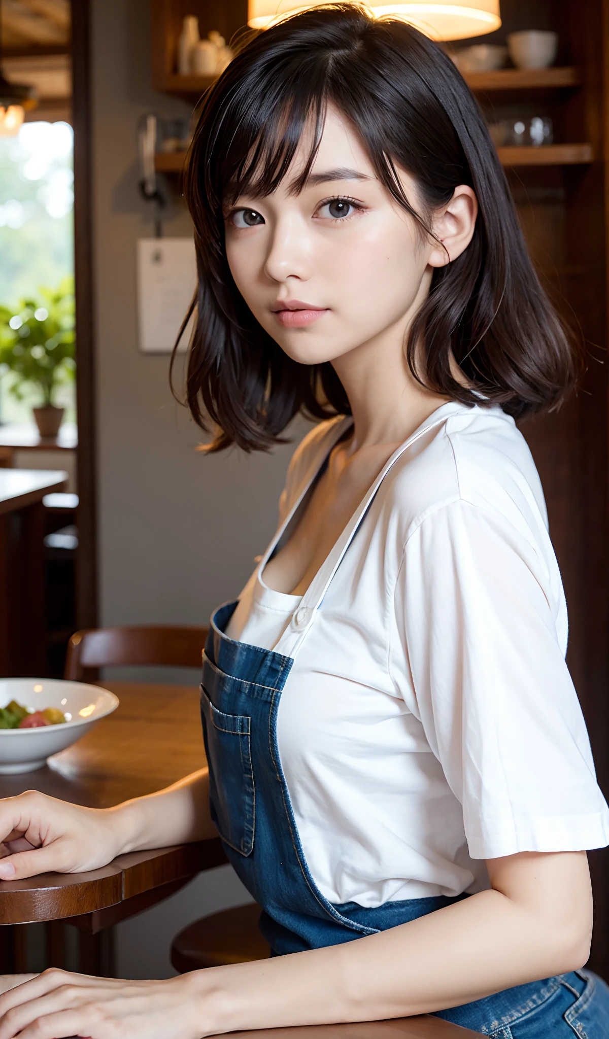 a closeup, masterpiece, top-quality, Raw foto, Photorealsitic、Take photos from a slightly higher angle、unbelievable Ridiculous,A faint smile、 beautiful a girl, White T-shirt、pink apron、In the middle of the meal、tasting、Half-up hairstyle、Medium size breasts、Hair fluttering in the wind、Open kitchen、depth of fields, hight resolution, ultra-detailliert, finely detail, ighly detailed, extremely detailed eye and face, Sharp pupils, foco nítido, Cinematic lighting