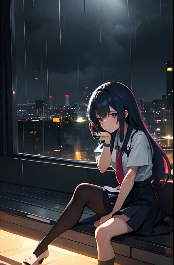 Anime girl sitting on windowsill with cat and rain city, late night raining, rainy evening, rainy evening, anime girls drink Energy drink, 4K anime wallpaper, A beautiful artwork illustration