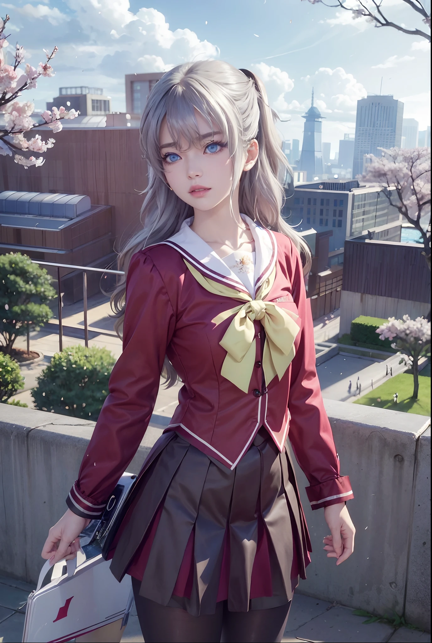 cherry blossoms, tomori nao, 1girl, blue eyes, cloud, building, tree, solo, day, school uniform, sky, skirt, pleated skirt, long hair, outdoors, blue sky, petals, cloudy sky, pantyhose, black legwear, collarbone, sailor collar, looking at viewer, cityscape, standing, bow, serafuku, skyscraper, silver hair, two side up, parted lips, long sleeves, neckerchief, bangs, eyebrows visible through hair