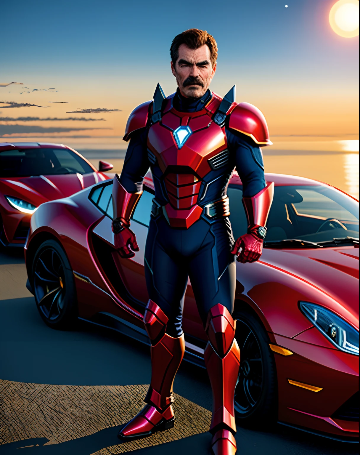 Tom Selleck como Anthony Stark, o homem de ferro dos anos 80, usando sua armadura original vermelha e amarela, undefeatable, imponente, next to a sports car, standing on her feet (corpo inteiro), in his right hand is the helmet of armor, clear sky, no clouds in the sky, o sol como testemunha, epic scene, realista,Tom Selleck(detalhista)