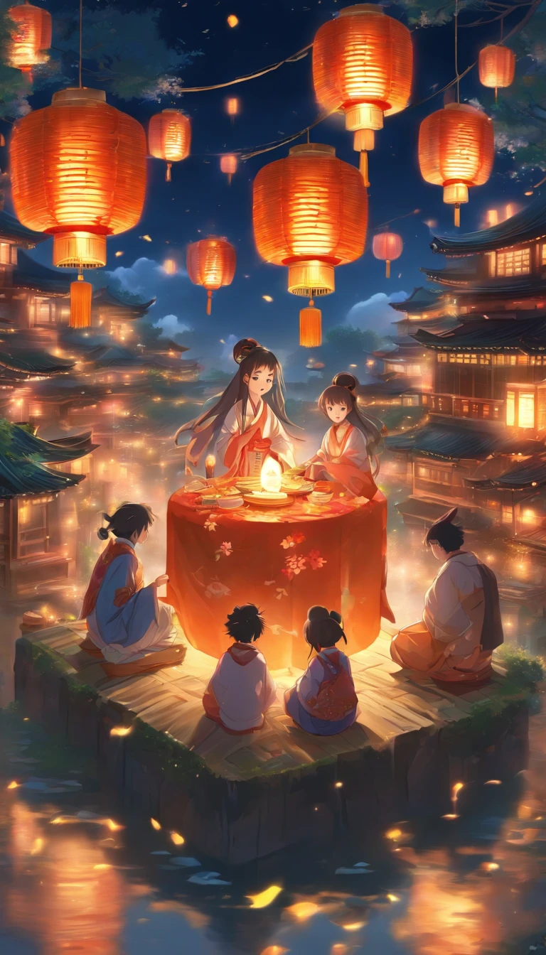 (Poster design),mid-autumn festival,Full moon,Moon cake,lanterns,The light is soft and warm,The family sits around,Enjoy the food,Happiness knows no bounds,Beautiful composition,With a sense of design