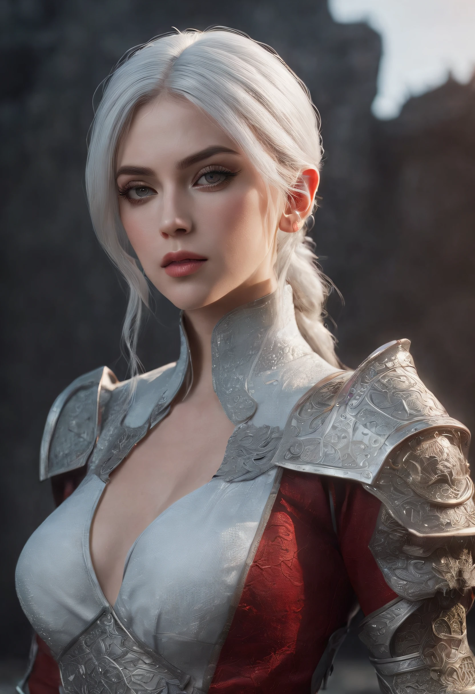 Cirilla Fiona Elen Riannon,Highest image quality,Outstanding details,超高分辨率,(Fidelity:1.4), Favor the details,closeup cleavage,dawn,Snow,winter,Wizard Sword,He has a delicate and beautiful face,Red Japanese oni armor,Raised sexy,frontage,cyber punk perssonage,Futuristic,mechanically aesthetic,Virtual Engine 5,Perfect detail rendering,rendering by octane,hyper HD