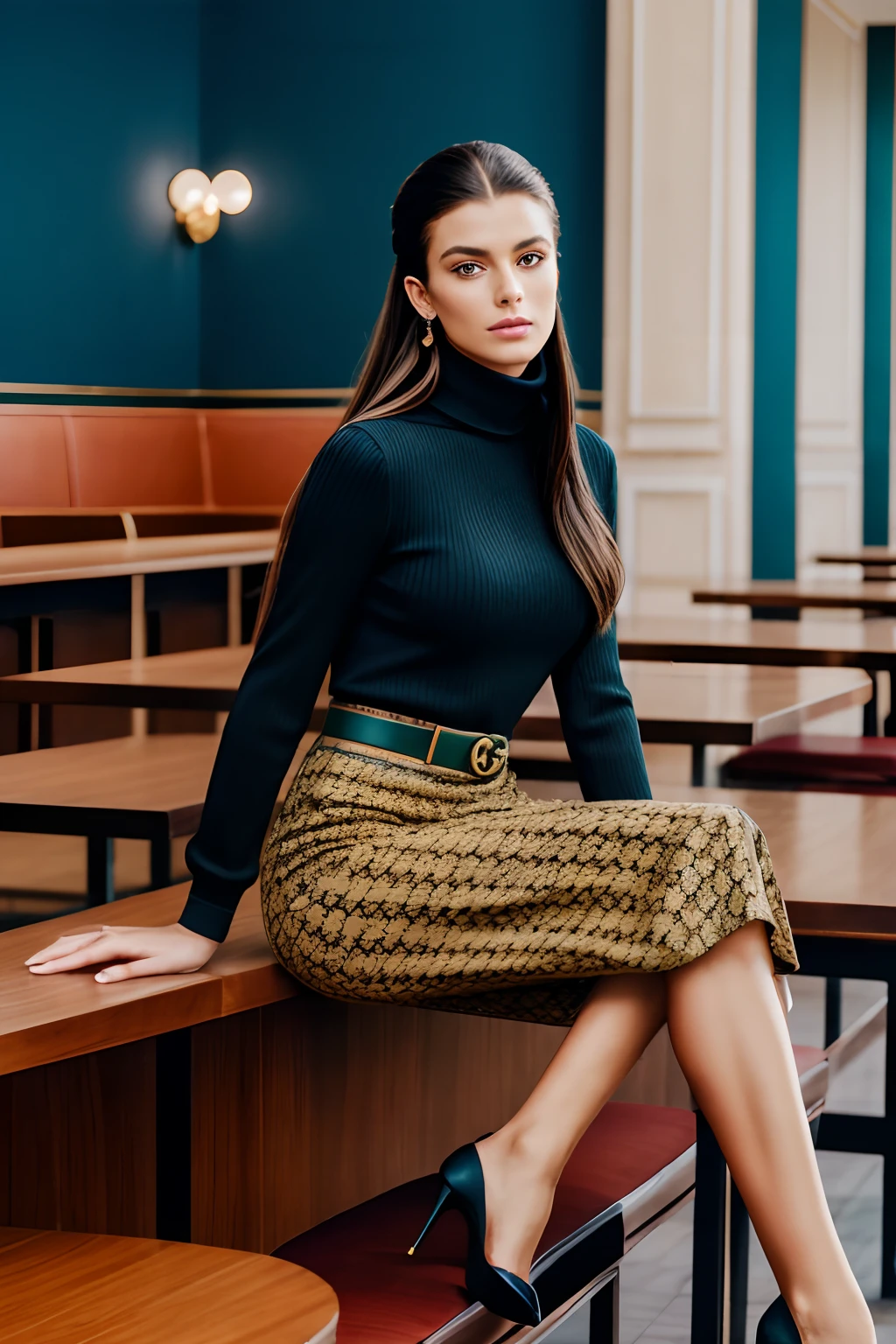 mulher branca, long hair up to the brunette waist, Businesswoman, Wearing the Gucci-inspired summer collection , Milan Fashion Week, MFW, NYFW, turtleneck colorido , Estilo Vogue, corpo todo, Feliz, arquetipo criativa, olhando para camera, em uma cafeteria, Diferentes poses, Sitting not bench