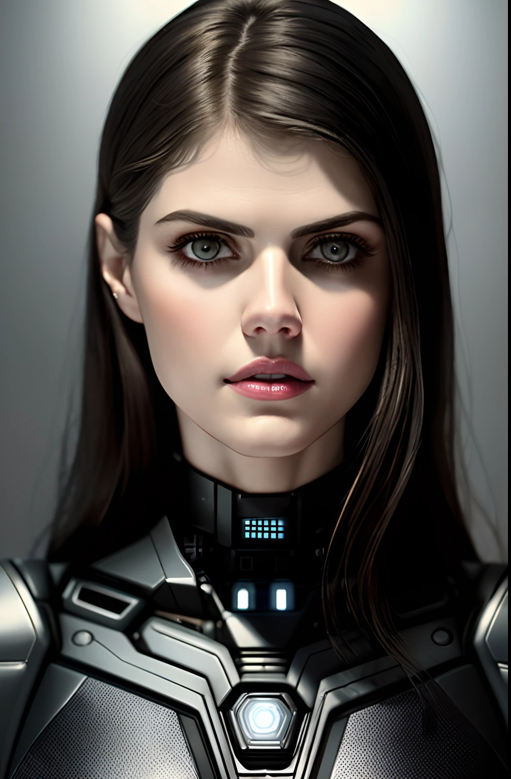 ((Alexandra Daddario)), _Complex 3D ultra detailed render of a beautiful porcelain profile woman android face, cyborg, robotic parts, 150 mm, beautiful soft light studio, Rim light, Vibrant details, Luxury cyberpunk, lace, hyper realistic, anatomical , facial muscles, electrical wires, microchip, elegant, beautiful background, octane rendering, h. r. Giger style, 8k, Best quality, Masterpiece, illustration, an extremely delicate and beautiful, extremely detailed, CG, Unity, wallpaper, (realistic, photorealistic:1. 37), amazing, Fine detail, Masterpiece, Best quality, Official Art, extremely detailed CG 8k wallpaper, absurd, incredibly absurd, robot, silver halmet, full body, looking at the camera (The most beautiful portrait in the world:1.5)