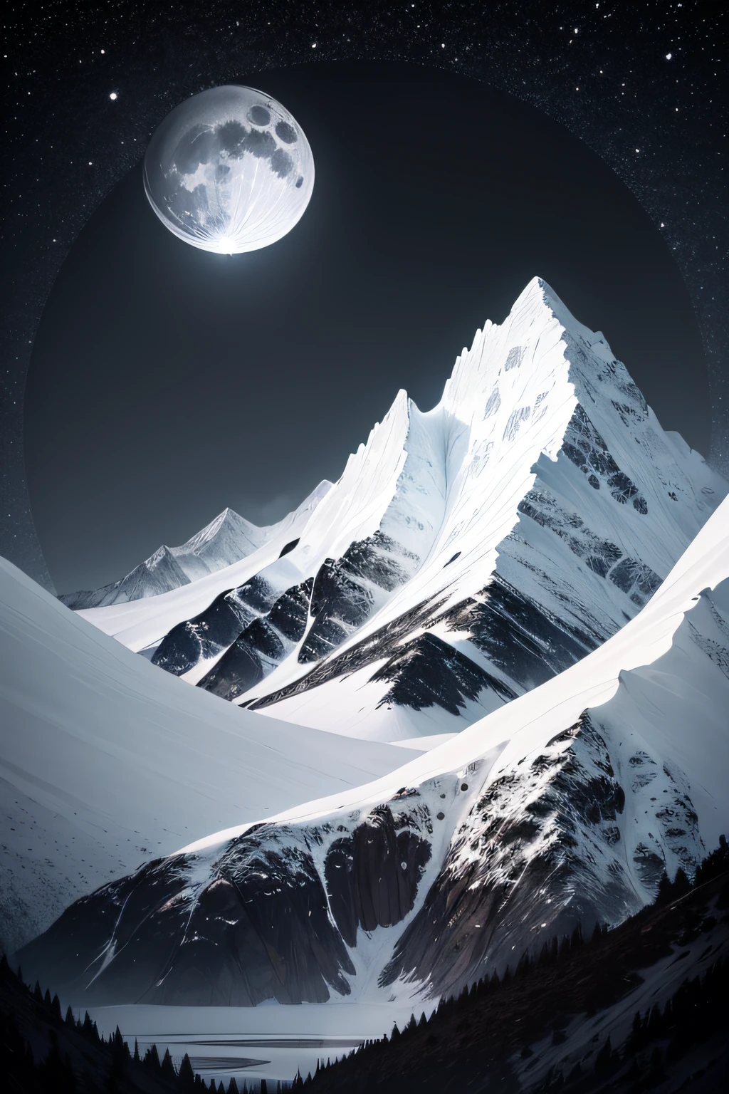 A full moon hangs over the night sky,The glow of the full moon illuminates the mountaintop。Below the mountain is a lake,The lake reflects the mountains and the moon。There are several snow-capped mountains in the distance。Pubic area is clear,Beautiful,Solemn,wide wide shot,Black and White photo,High contrast,Adams style