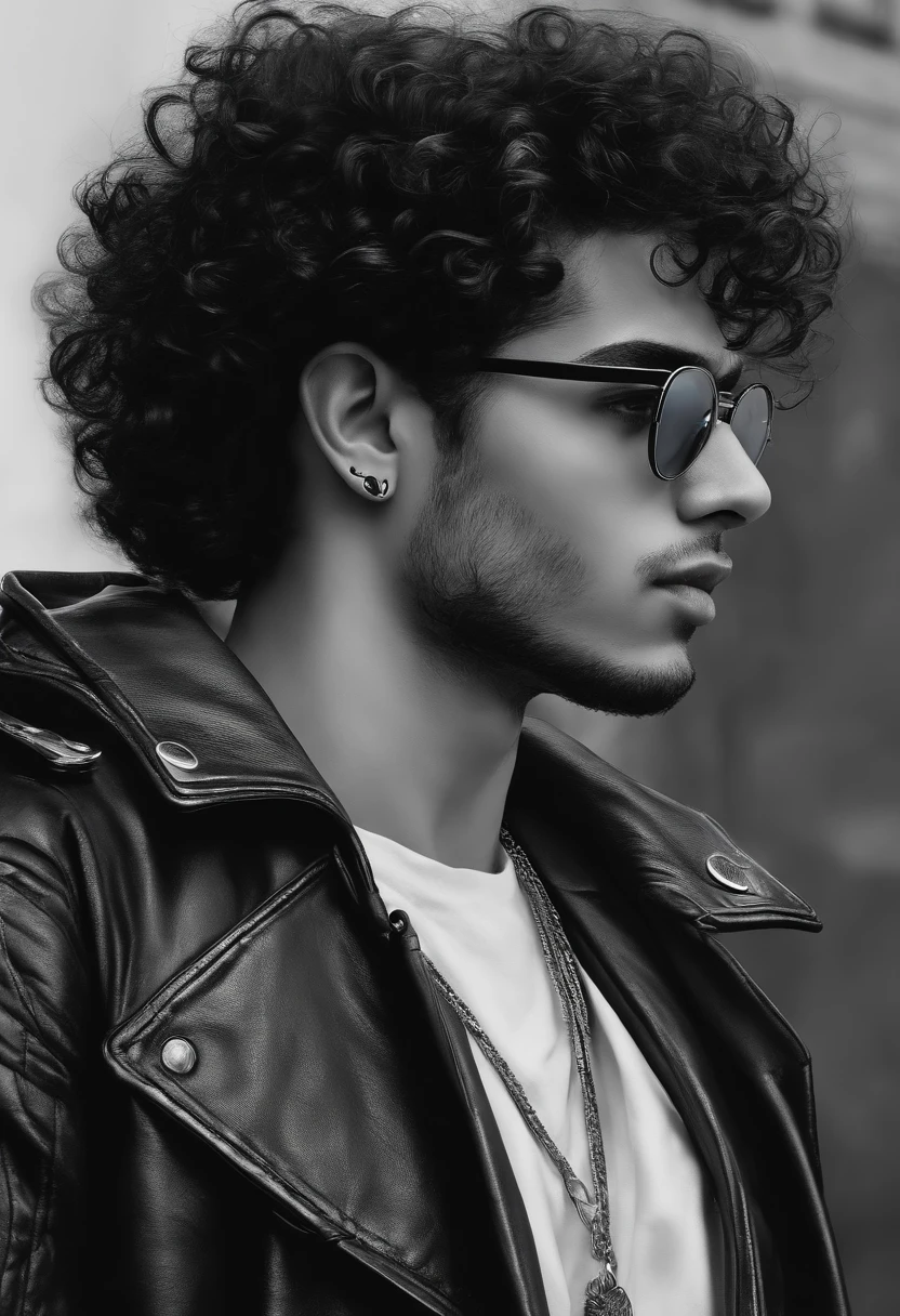 retrato realista , perfect coloring, cores vivas e reais, a stout 20-year-old man with black hair and medium curly, wearing cyberpunk-style round glasses and wearing a black leather jacket with silver accents, estilo futurista e lindo, perfeito --auto
