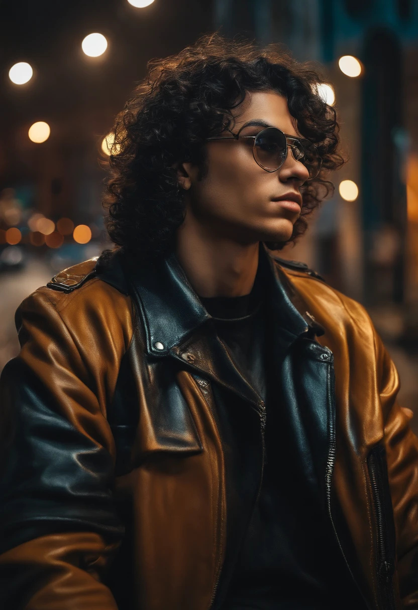 retrato realista , perfect coloring, cores vivas e reais, a stout 20-year-old man with black hair and medium curly, wearing cyberpunk-style round glasses and wearing a black leather jacket with silver accents, estilo futurista e lindo, perfeito --auto