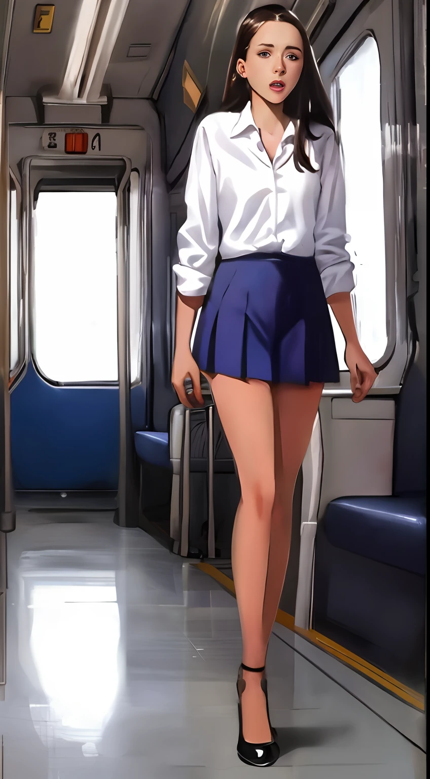 ((Robert Downey as a 14 year old pre-teen girl)), long blouse, tiny pleated skirt, waist-high black tights, high heels, full body photo, very fair skin, shaved hair, busy train car, photorealistic, indirect lighting, volumetric light, ray tracing, hyperdetailed