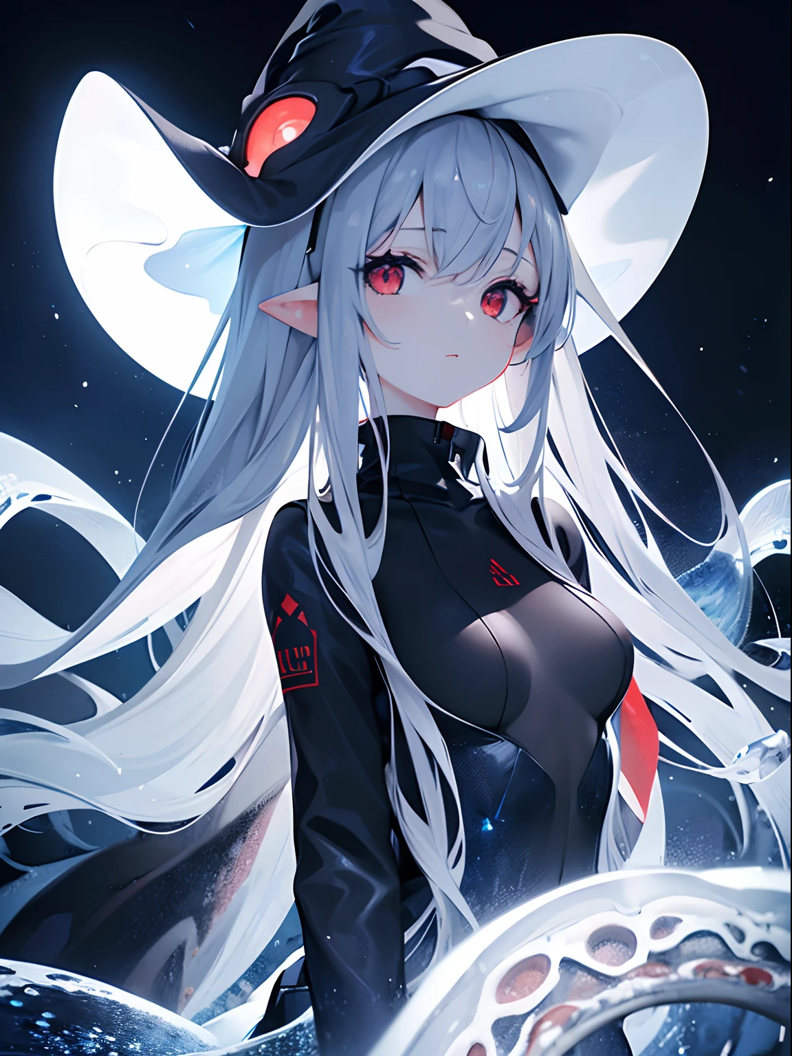 (Masterpiece, Best quality, ultra high resolution),1girl,red eyes, beautiful and detailed face, detailed eyes,(squid girl,tentacles), body suit, witch hat ,in the beach, night,((grey and blue theme))