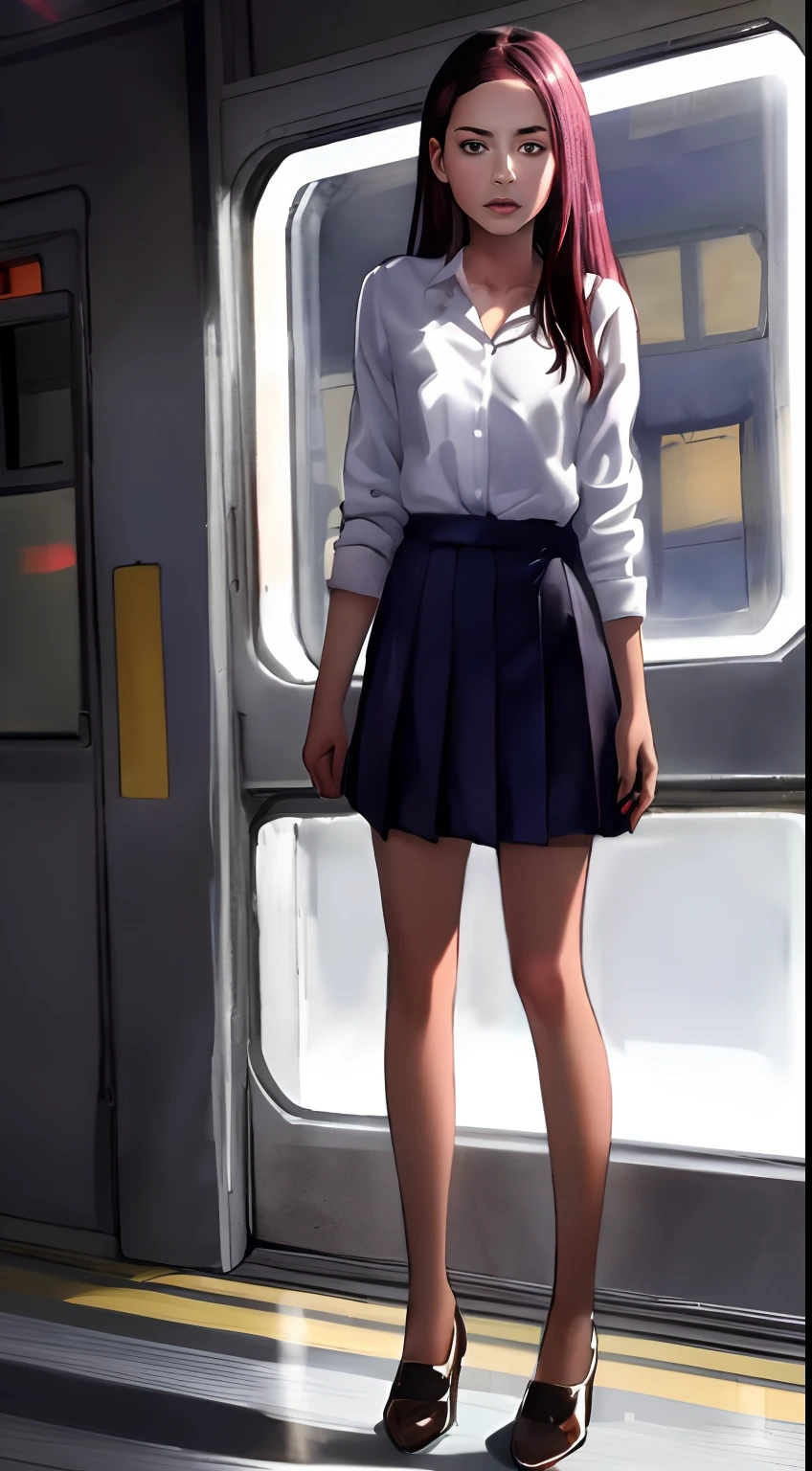 ((Robert Downey as a 14 year old pre-teen girl)), long blouse, tiny pleated skirt, waist-high black tights, high heels, full body photo, very fair skin, shaved hair, busy train car, photorealistic, indirect lighting, volumetric light, ray tracing, hyperdetailed