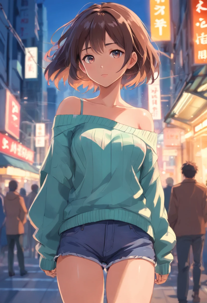 (), big boobs,(masterpiece), best quality, extremely detailed, (watercolor), bloom, delicate and beautiful, illustration, (from below),(1girl:1.4), (solo:1.2), large breasts, (ribbed sweater:1.3), off-shoulder sweater, (short shorts:1.2), bare shoulders, (underboob), ((dark skin:0.8)), beautiful eyes, (disheveled hair ), photography, over-the-shoulder shot, by Alex Maleev, professional, canon camera, nikon camera, sharp, bokeh, studio quality, fisheye lens, by Robert Capa ,