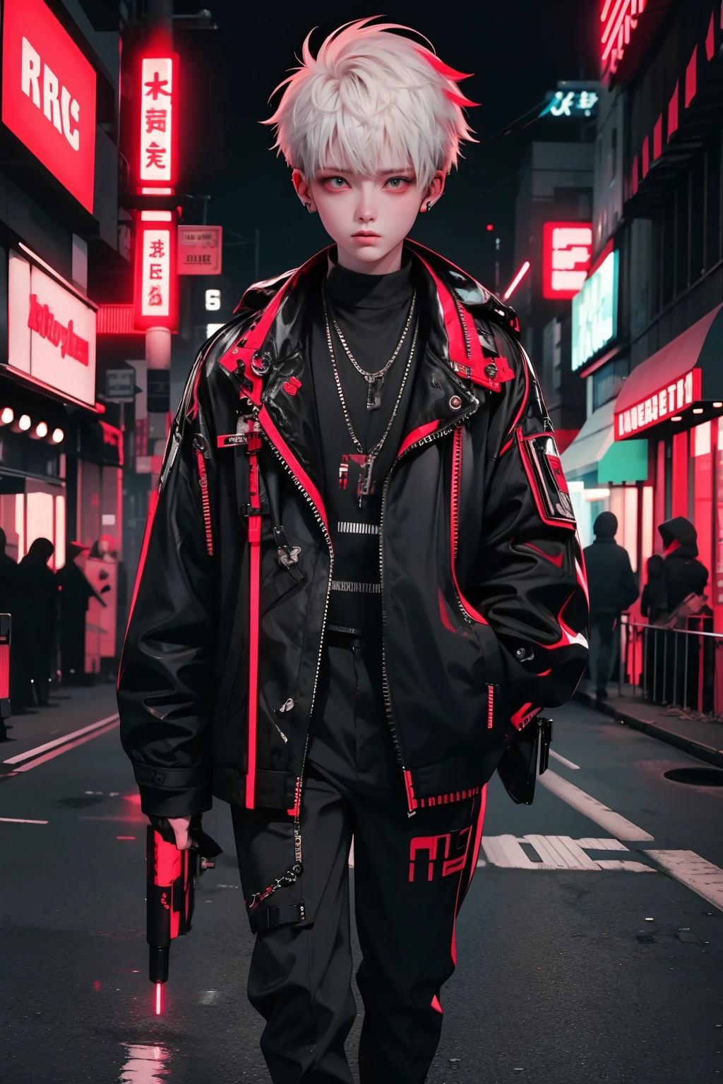 boy walking, half body shot, white red hair, cool black open short jacket, messy fade cut hair, crazy, on futuristic neon night street background, straight front center, photograpic shot