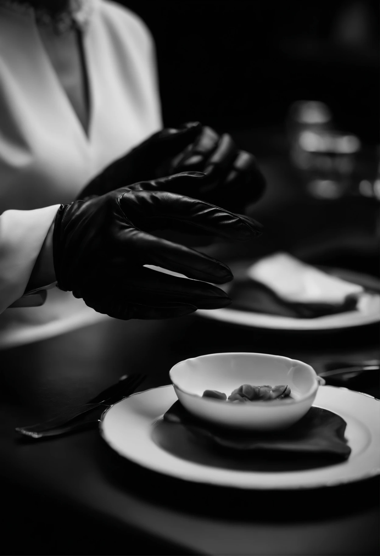 The mysterious hand of a woman wearing black leather gloves on her hand, long sleeves of a white blouse, eating alone, close-up only her hands, only the hands of black leather gloves on the screen