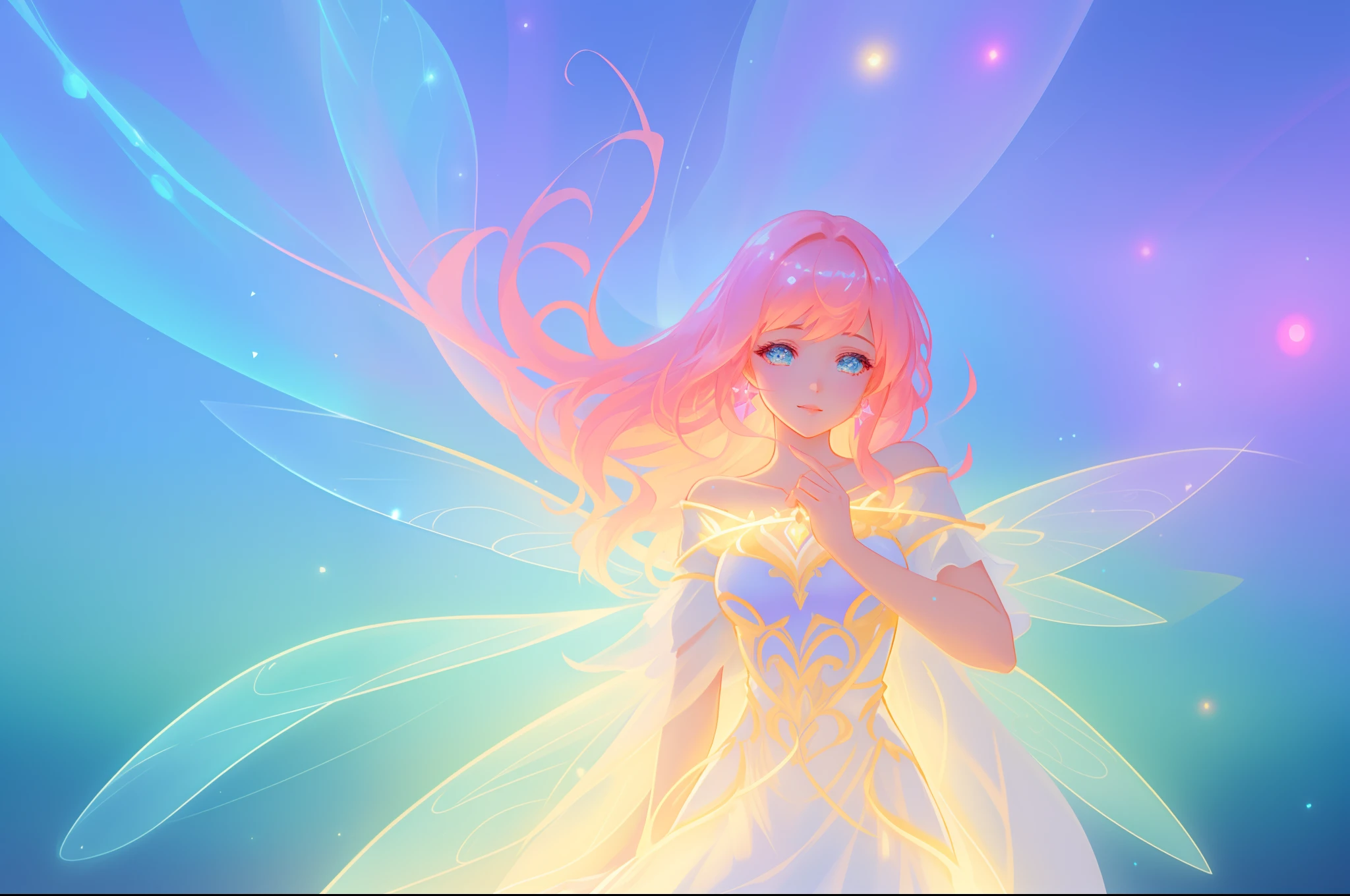 beautiful girl in sparkling glowing dress, glowing fairy wings, inspired by Glen Keane, inspired by Lois van Baarle, disney art style, by Lois van Baarle, glowing aura around her, by Glen Keane, jen bartel, glowing lights! digital painting, flowing glowing hair, glowing flowing hair, beautiful digital illustration, fantasia background, whimsical, magical, fantasy, beautiful face, masterpiece, best quality