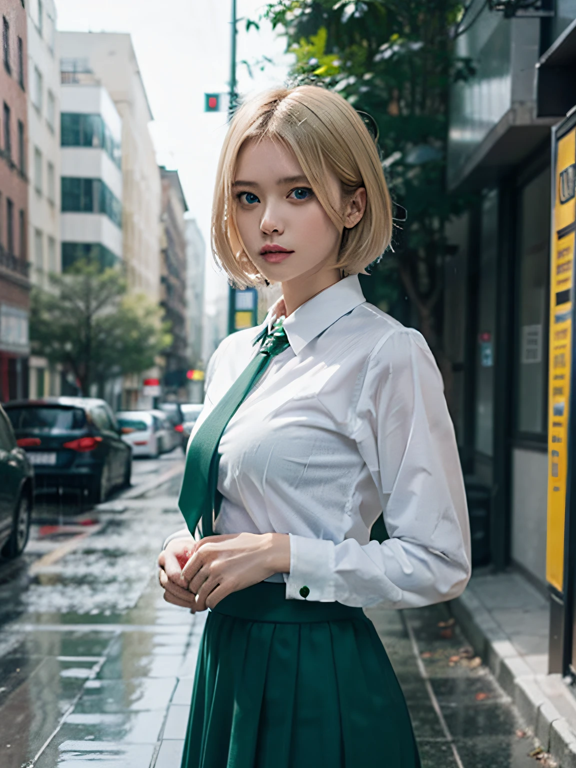 1girl, blond hair, short hair, blue eyes, white shirt, green tie, green skirt, city, rain, detailed background