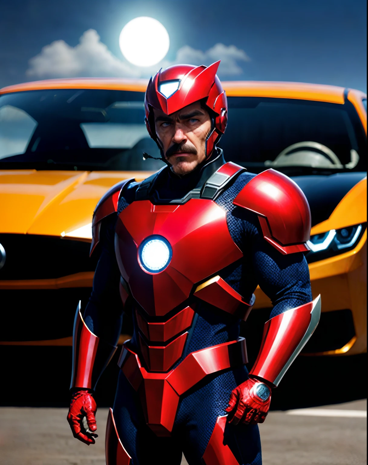 Tom Selleck como Anthony Stark, o homem de ferro dos anos 80, usando sua armadura original vermelha e amarela, undefeatable, imponente, next to a sports car, standing on her feet (corpo inteiro), in his right hand is the helmet of armor, clear sky, no clouds in the sky, o sol como testemunha, epic scene, realista,Tom Selleck(detalhista)