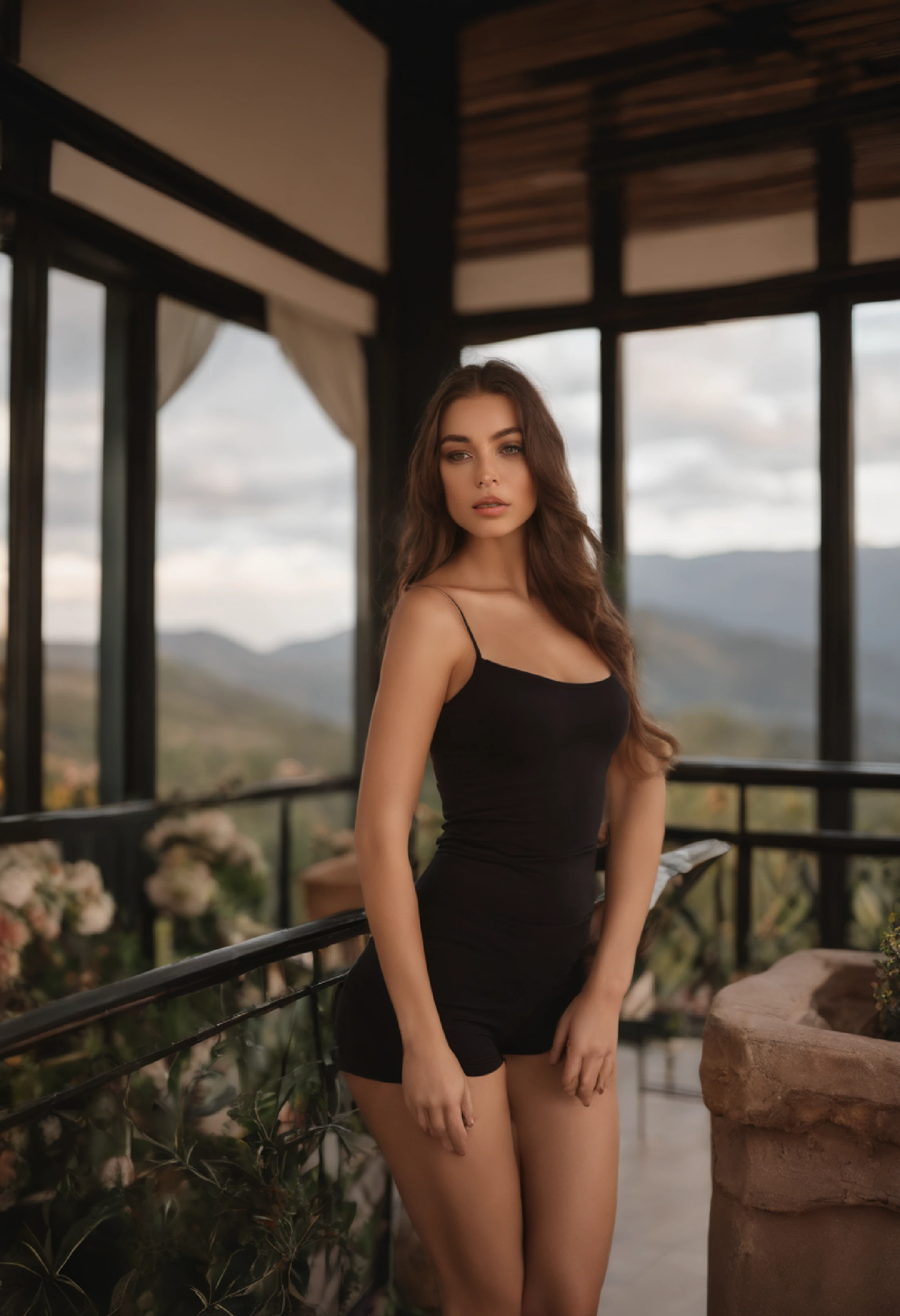 arafed woman with , sexy girl with brown eyes, portrait sophie mudd, brown hair and large eyes, selfie of a young woman, bedroom eyes, violet myers, without makeup, natural makeup, looking directly at the camera, face with artgram, subtle makeup, stunning full body shot, on a balcony having mountains behind her, cleavage
