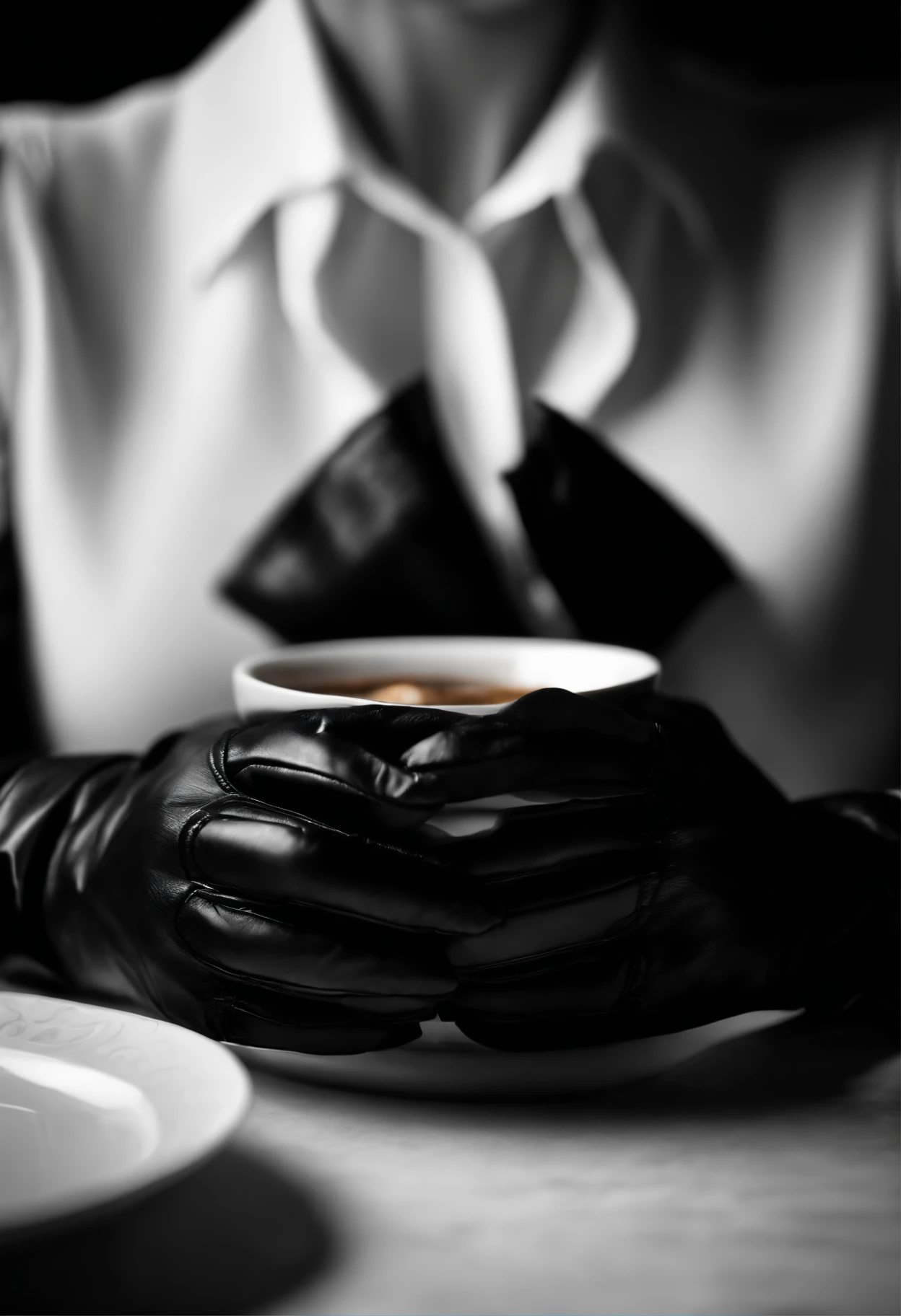 The mysterious hand of a woman wearing black leather gloves on her hand, long sleeves of a white blouse, eating alone, close-up only her hands, only the hands of black leather gloves on the screen