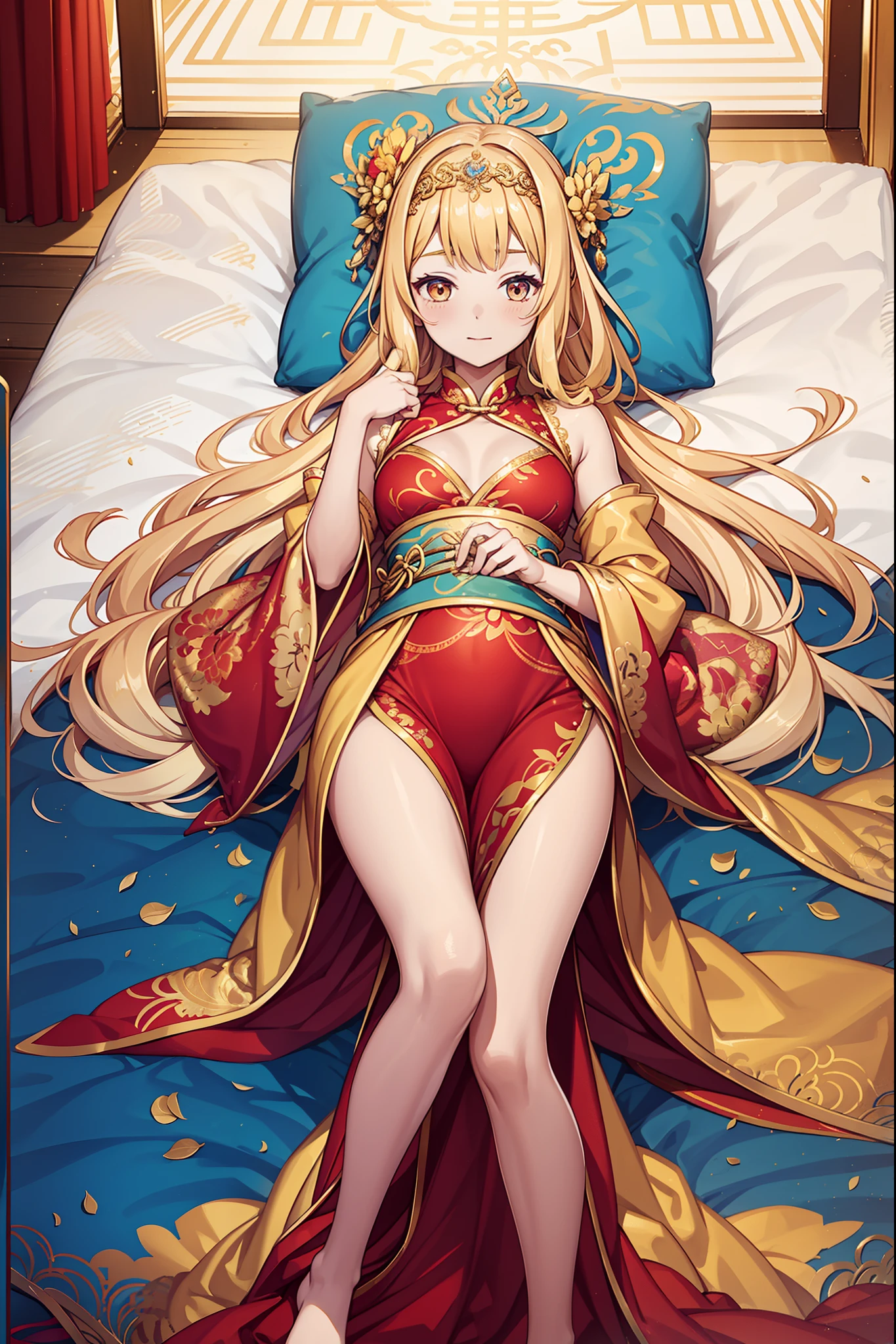 teens girl，divino，Enchanted，having fun，Being in love，blond hairbl，gold Chinese dress，transparent costume，intricate detailed clothes，Pattern，Princess headband，A small amount of lace，swim wears，Bedrooms，solo person，the night，(Lie down)，pillow head，Chinese celebration red elements