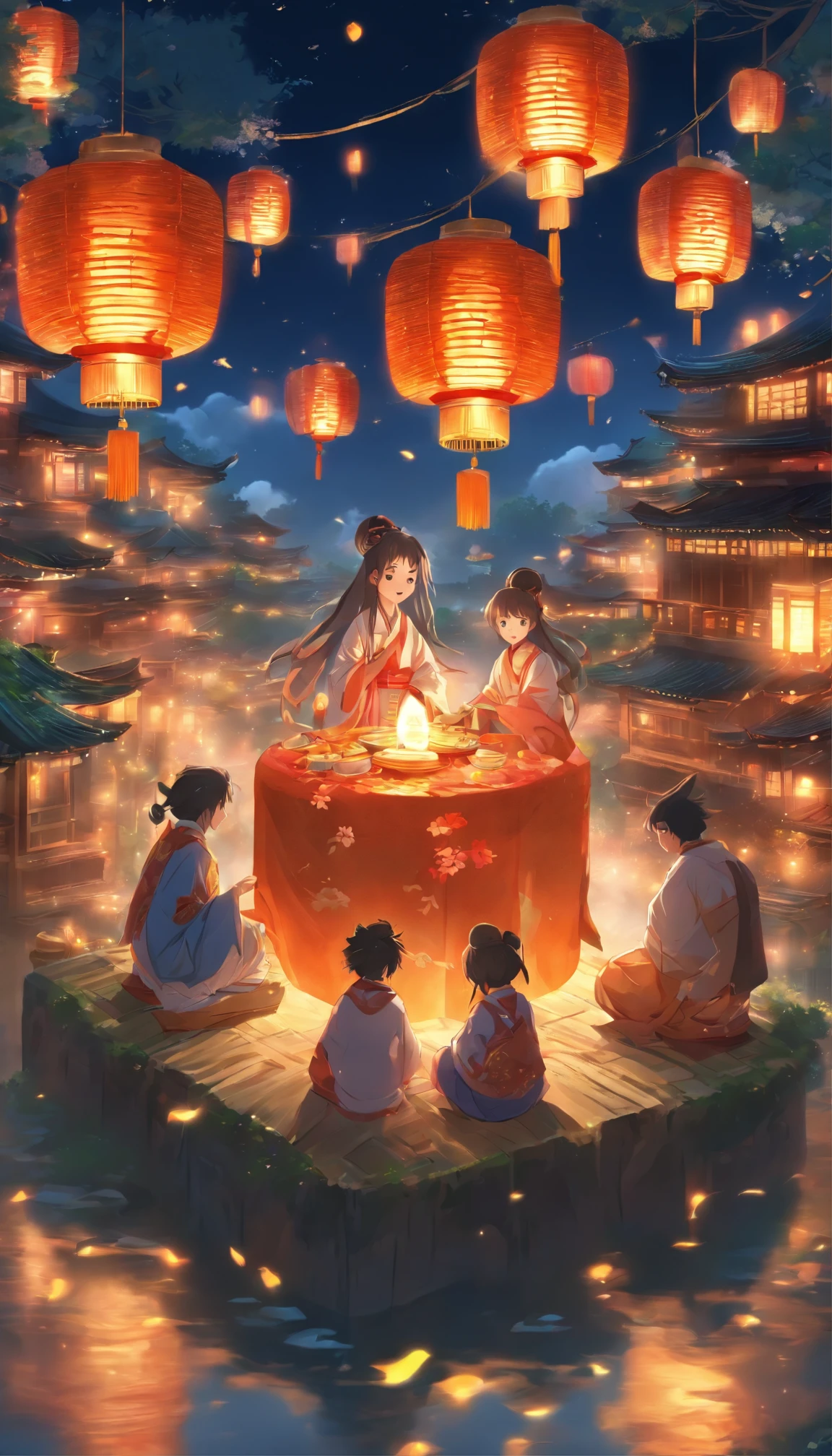 （Poster design），mid-autumn festival，Full moon，Moon cake，lanterns，The light is soft and warm，The family sits around，Enjoy the food，Happiness knows no bounds，Beautiful composition，With a sense of design