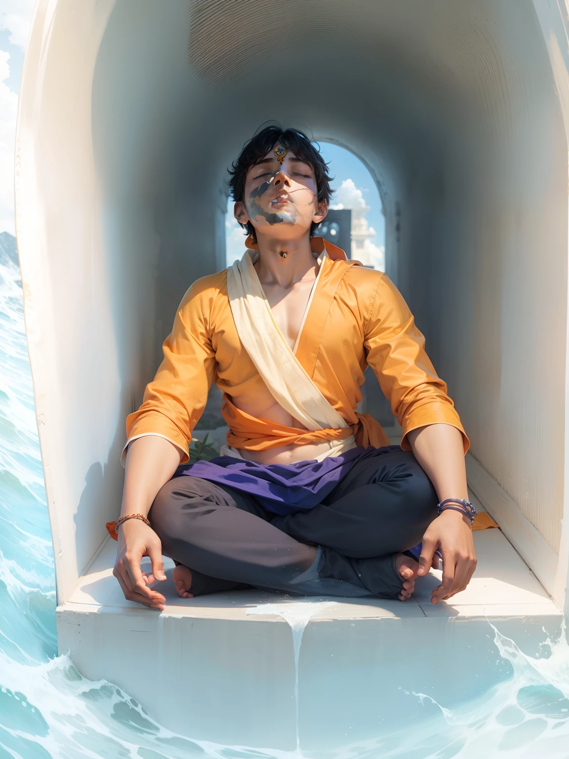A boy meditating ,he dressed with orange pancha or cloth rounded , his background as lord krishna in whole sky with evolving energies