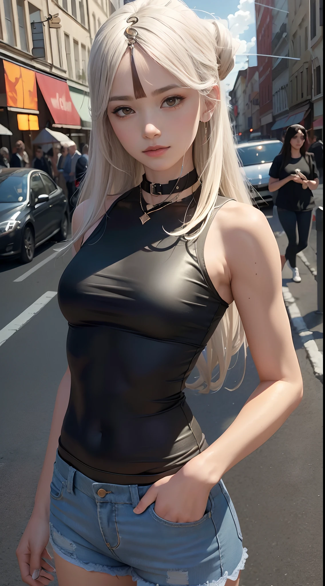 ((medium breast, tomboy girls, small head)), daylight, sunlight, (chiseled abs : 1.1), (perfect body : 1.1), (long straight hair : 1.2) , silver hair, collar, chain, full body shot, crowded street, wearing black tanktop, jeans jacket, ((shorts)), (extremely detailed CG 8k wallpaper), (an extremely delicate and beautiful), (masterpiece), (best quality:1.0), (ultra highres:1.0),  beautiful lighting ,perfect lightning, realistic shadows, [high res], detailed skin, ultra-detailed