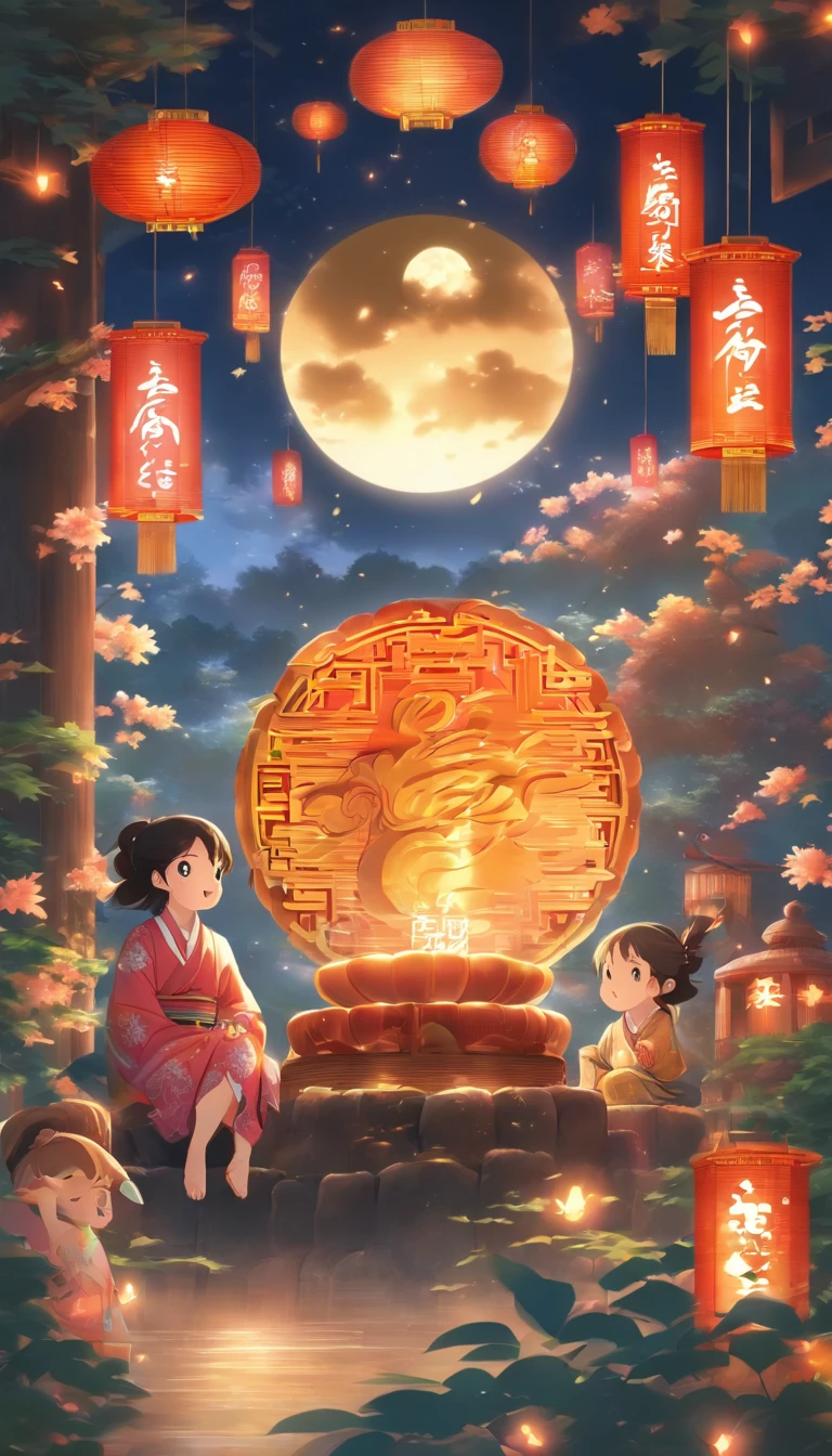 (Poster design),Mid-Autumn Festival,full moon,Moon cake,Lanterns,The light is soft and warm,The family sat together,Enjoy the food,Happiness knows no bounds,Beautiful composition,With a sense of design