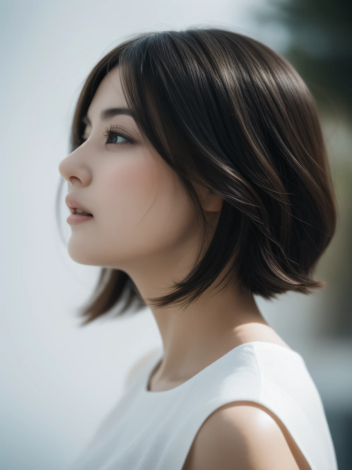 One of the greatest beauties、Profile face、Breathtaking face、White background、Blur Focus、extremely delicate and beautiful、UFO、High resolution、Dynamic angles、Dynamic Poses、Short hairstyles