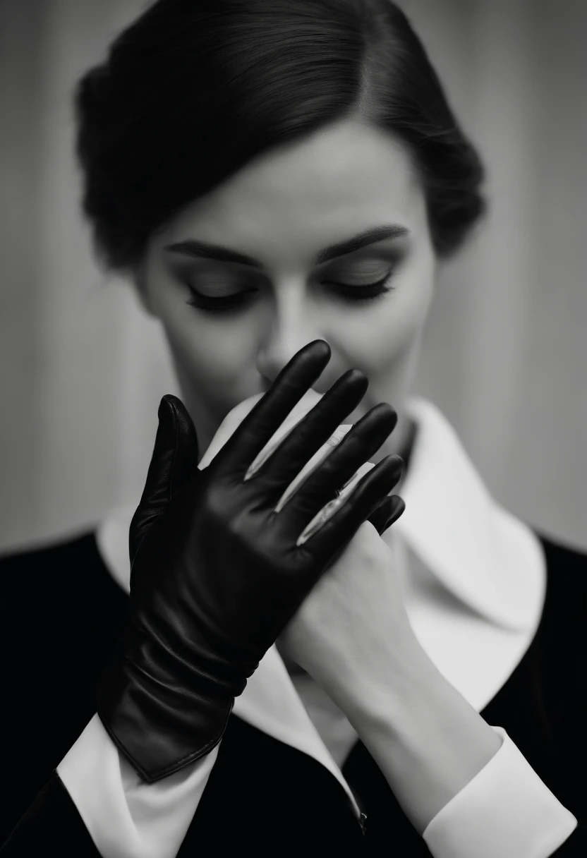 The mysterious hand of a woman wearing black leather gloves on her hand, long sleeves of a white blouse, eating alone, close-up only her hands, only the hands of black leather gloves on the screen