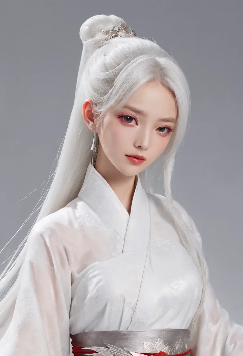 动态照明，art  stations，poster for，Volumetriclighting，Very detailed faces，4k wallpapers，Award-Awarded，1 girl with white hair，He has a delicate and beautiful face，long hair flowing，horse tailed，Fringed Hair Ornament，Dynamic perspective，White Hanfu，White gauze flying，red waistband，Sexy，Tradition Chinese Ink Painting，Surrounded by clouds，fog atmosphere，Ride a white dragon，Stroke the faucet，White dragon horn，dynamic viewing angle，电影灯光，