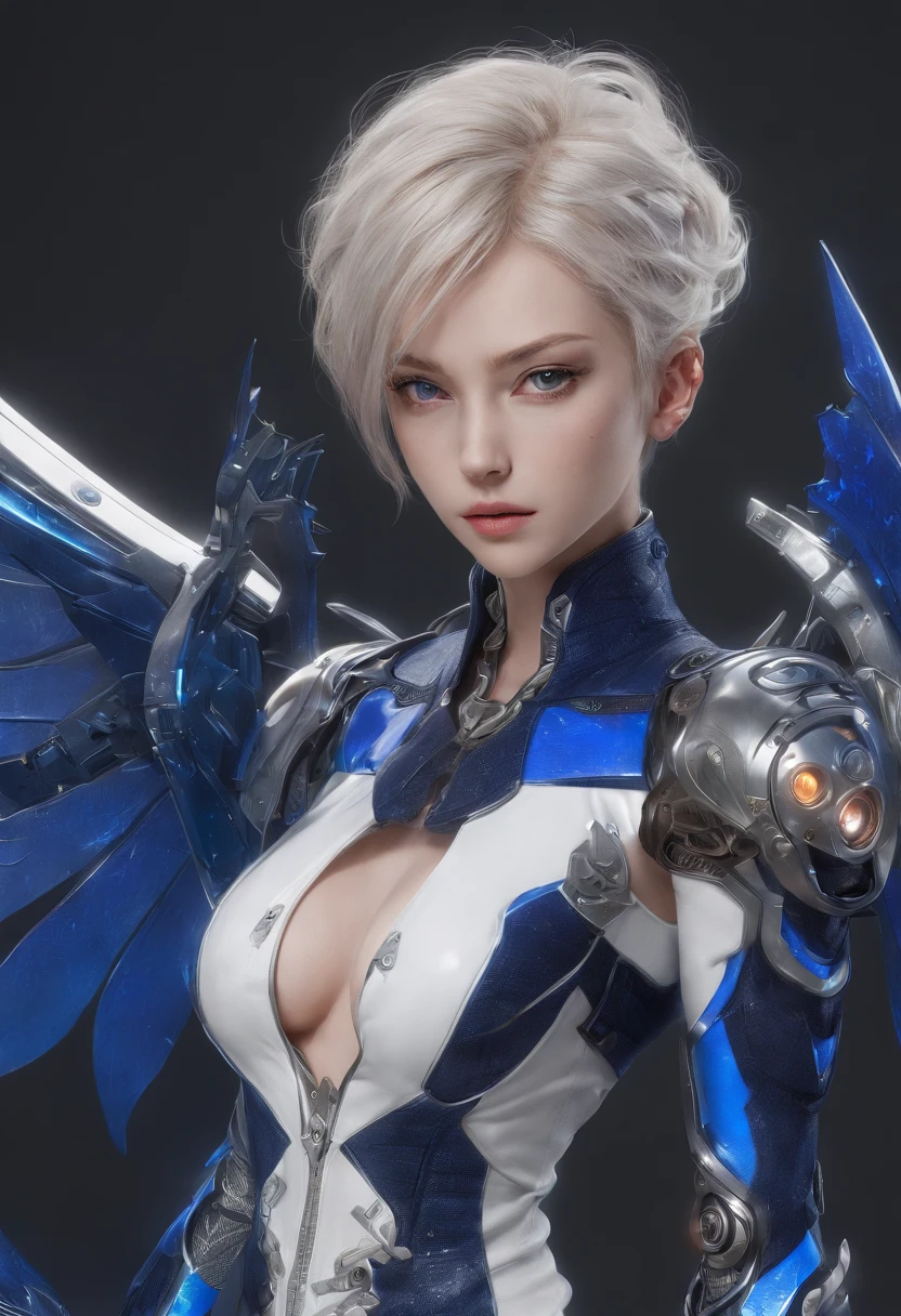 Highest image quality,Outstanding details,超高分辨率,(Fidelity:1.4), Favor the details,closeup cleavage,The background is a scene of a cosmic celestial body,High-tech dragon knight mech,He has a delicate and beautiful face,((Blue-white flying semi-mechanical fuselage:1.8)),high-tech weapon,Raised sexy,frontage,cyber punk perssonage,Futuristic,mechanically aesthetic,Virtual Engine 5,Perfect detail rendering,rendering by octane,hyper HD