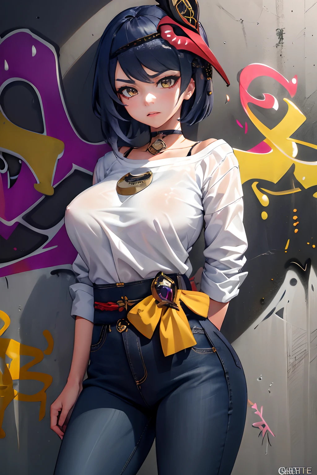 Kujou Sara Genshin Effect, masterpiece, bestquality, 1girls, oversized breasts, bara, dress shirt, Long Jeans, choker, (Graffiti:1.5), Splash with purple lightning pattern., arm behind back, against wall, View viewers from the front., Thigh strap, Head tilt, bored, water eyes,