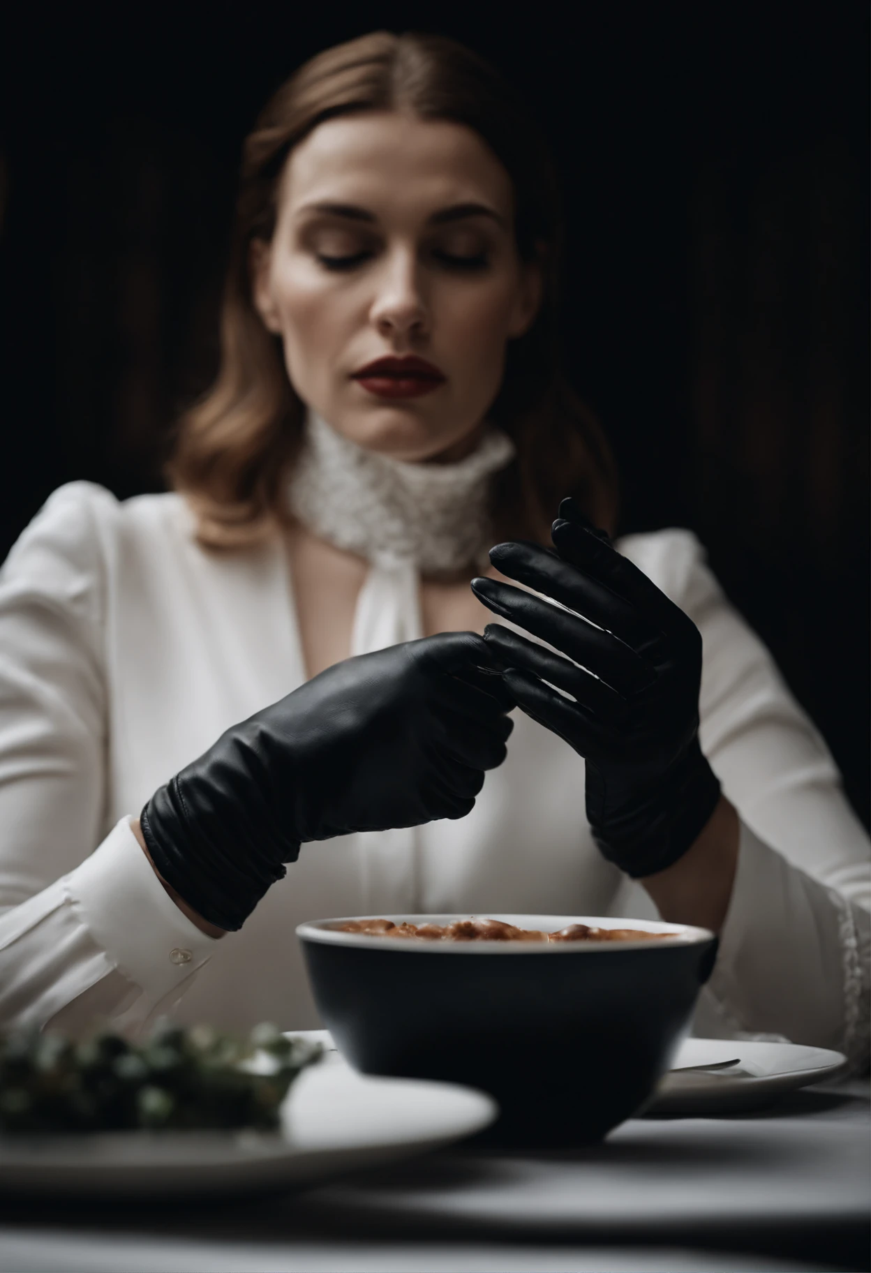 The mysterious hand of a woman wearing black leather gloves on her hand, long sleeves of a white blouse, eating alone, close-up only her hands, only the hands of black leather gloves on the screen