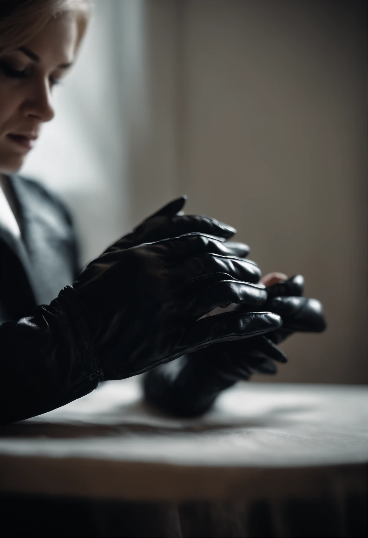 The mysterious hand of a woman wearing black leather gloves on her hand, long sleeves of a white blouse, eating alone, close-up only her hands, only the hands of black leather gloves on the screen