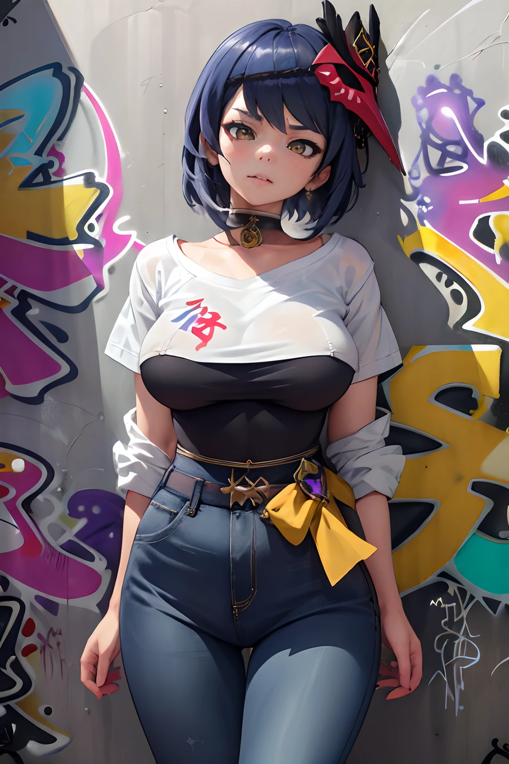 Kujou Sara Genshin Effect, masterpiece, bestquality, 1girls, oversized breasts, bara, dress shirt, Long Jeans, choker, (Graffiti:1.5), Splash with purple lightning pattern., arm behind back, against wall, View viewers from the front., Thigh strap, Head tilt, bored, water eyes,