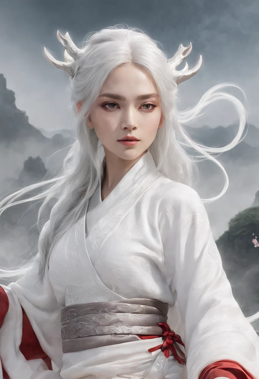 Cirilla Fiona Elen Riannon,动态照明,art stations,poster for,Volumetriclighting,Very detailed faces,4k wallpapers,Award-Awarded,1 girl with white hair,He has a delicate and beautiful face,long hair flowing,horse tailed,Fringed Hair Ornament,Dynamic perspective,White Hanfu,White gauze flying,red waistband,Sexy,Tradition Chinese Ink Painting,Surrounded by clouds,fog atmosphere,Ride a white dragon,Stroke the faucet,White dragon horn,dynamic viewing angle,电影灯光,