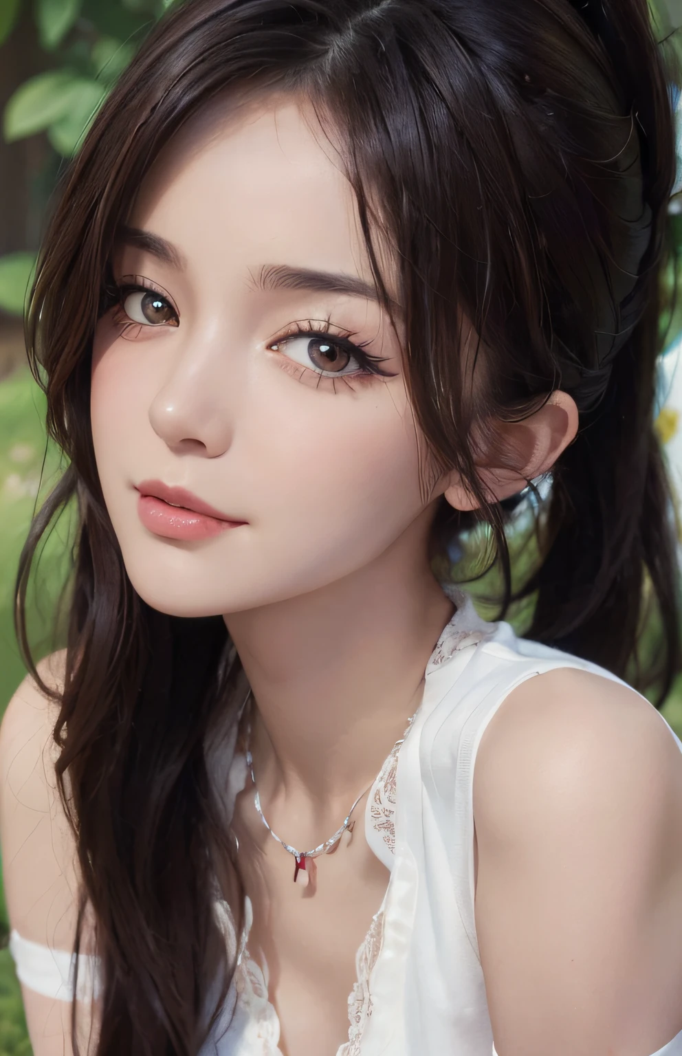 (Ultra Realistic), (Illustration), (High Resolution), (8K), (Very Detailed), (Best Illustration), (Beautiful and Detailed Eyes), (Best Quality), (Ultra Detailed), (Masterpiece), (Wallpaper), (Detailed Face), One Girl, Look Front, Fine Details, Detailed Face, Low Key, pureerosfaceace_v1, Dark Eyeliner, Bangs, Big, (Best Quality, 8k, 32K, Masterpiece) 1gril, brown ponytail, large breasts, (detailed white loose shirt: 1.2), shorts, cleavage, shirt with white collar, necklace, (detailed lace bra: 1.1), (slouch: 1.8), smile, get on all fours, look down,