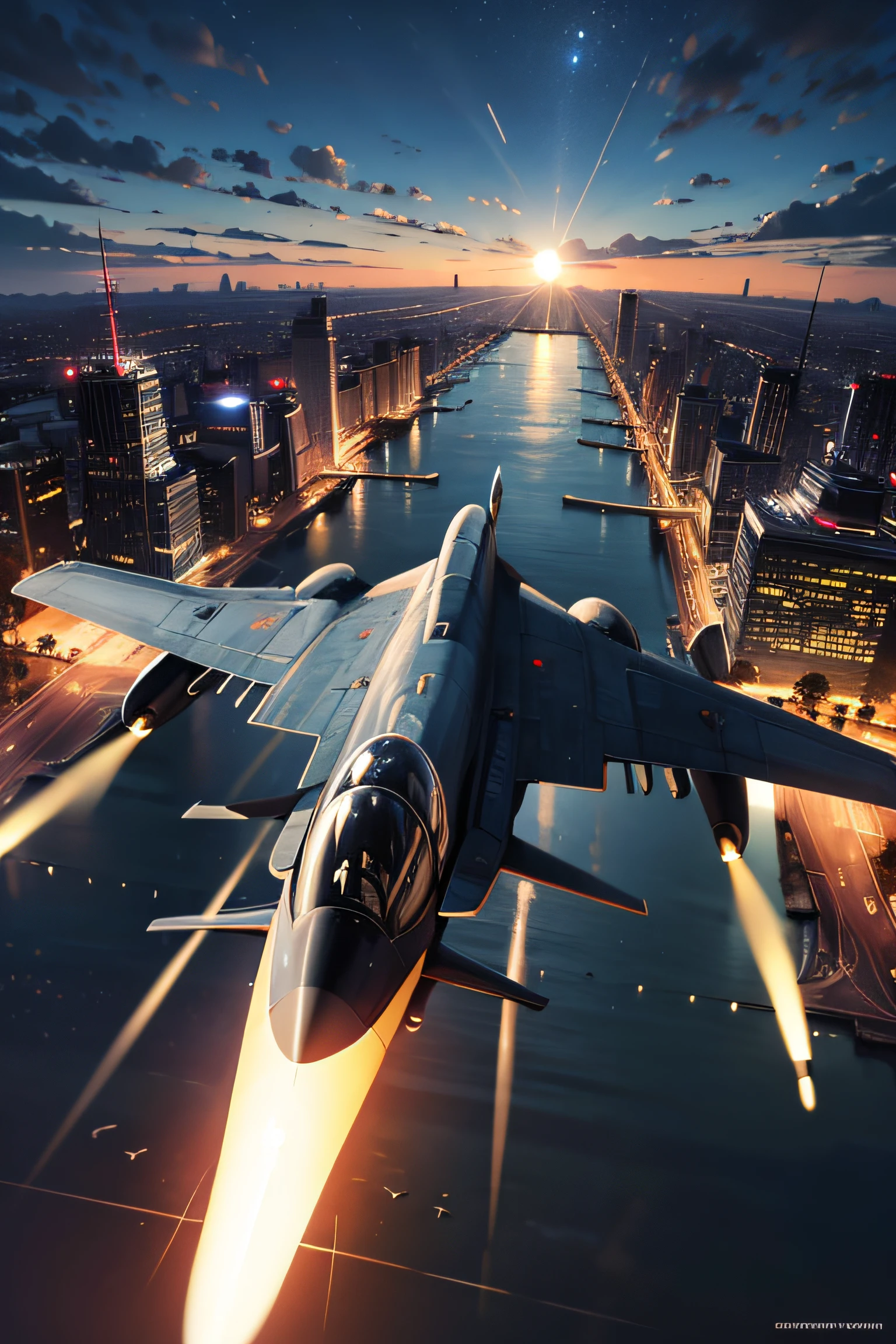 PHOTOREALISTIC, masterpiece, best quality, highres, fighter jet flying at low altitude, ruined city scenery, night sky with visible moon