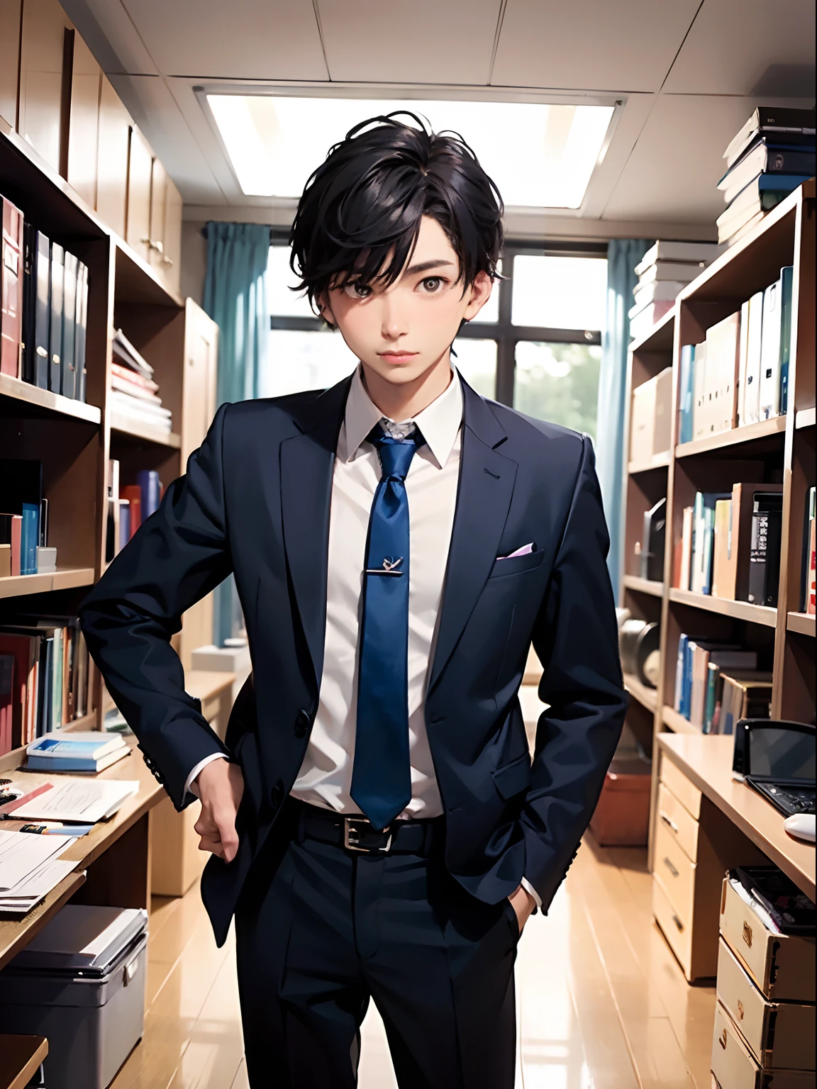 A handsome Korean boy is sitting in a classroom, with an elegant face and an impeccable uniform. Their eyes express confidence as they look straight ahead. The scene is captured in a high-definition 8K quality, further enhancing its beauty.