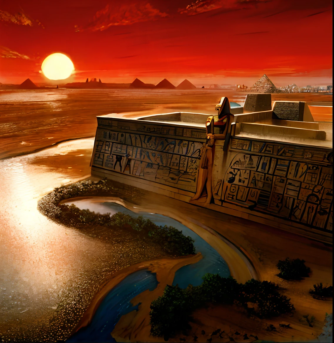 Ancient Egyptian civilization，wide wide shot，Nile River，pyramid，setting sun，The river extends to the horizon，epic sense，Sense of grandeur