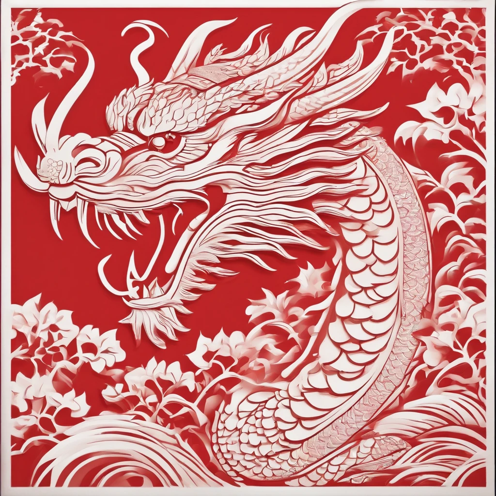 Flat paper cut style,contours,chinesedragon,Broom,Dragon,red colour,Clean cut,Paper,sharp-edged,Maximalism,color blocking
