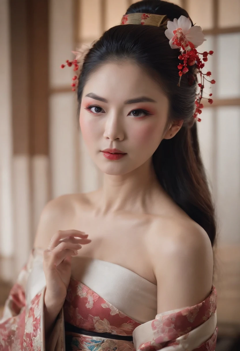 ((Best quality, 8K, Masterpiece :1.3)), Sharp focus:1.2 ((beautiful geisha. komono.Bare shoulders, and ninjas)) Kiss. Bite your lip. hug. Romantic, In the room • Tattoo face, Neck tattoo details. Chest tattoo details, Skin tattoos. full bodyesbian_mix4, 20 days, Solo, photo-realistic:1.37