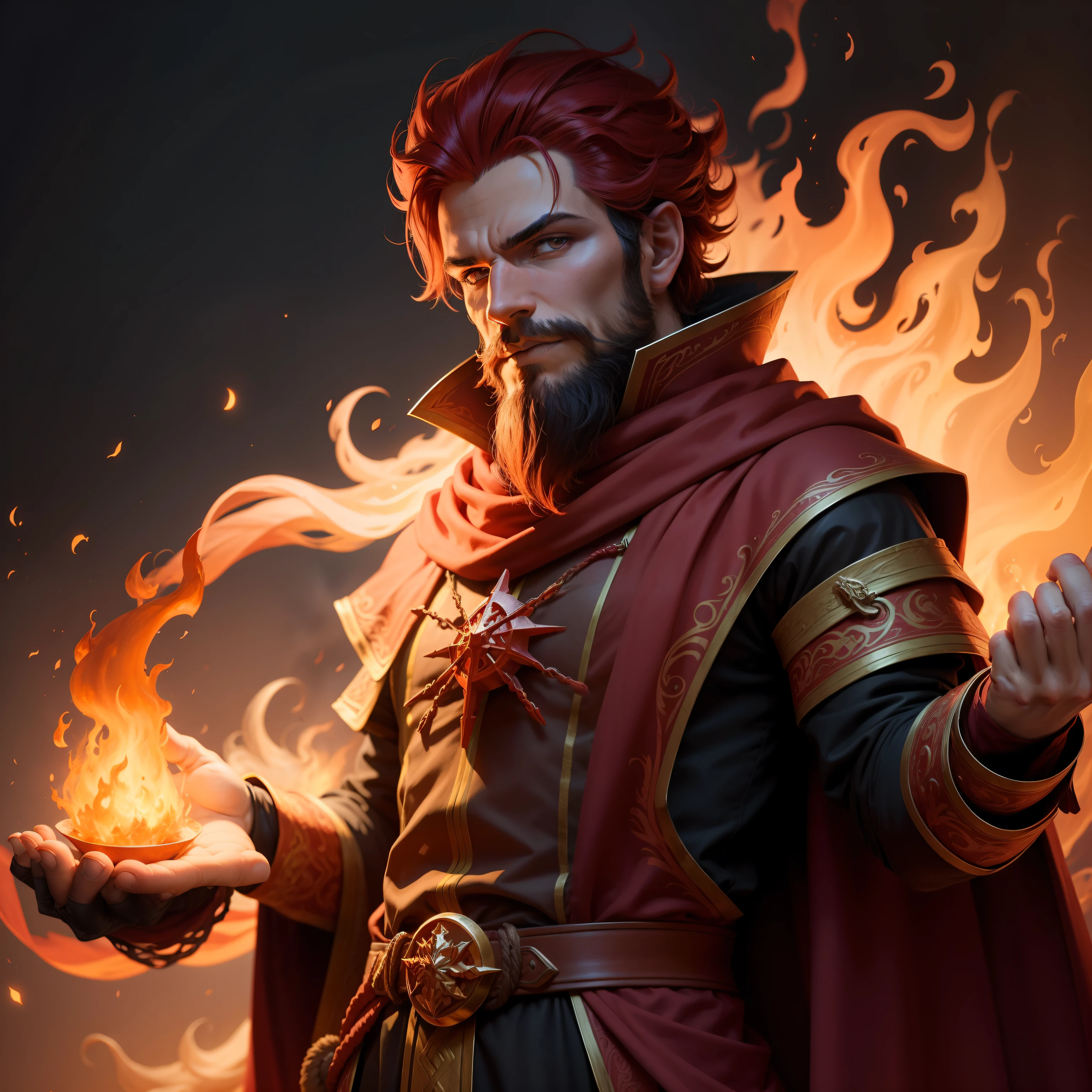 Fire Sorcerer ,flaming hands ,d&d personagem ,Capa longa Flamejante ,Meio Elfo Homem Adulto ,Meio elfo com Barba ,Traje Vermelho